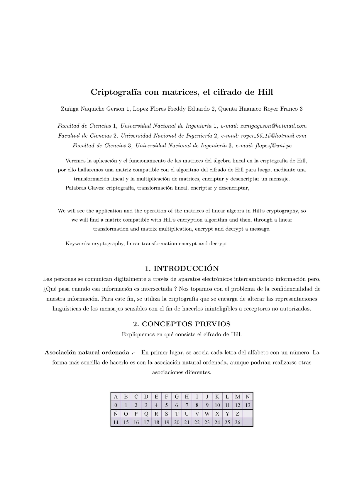 Criptografia - APLICACION DE MATRICES - Criptograf ́ıa Con Matrices, El ...