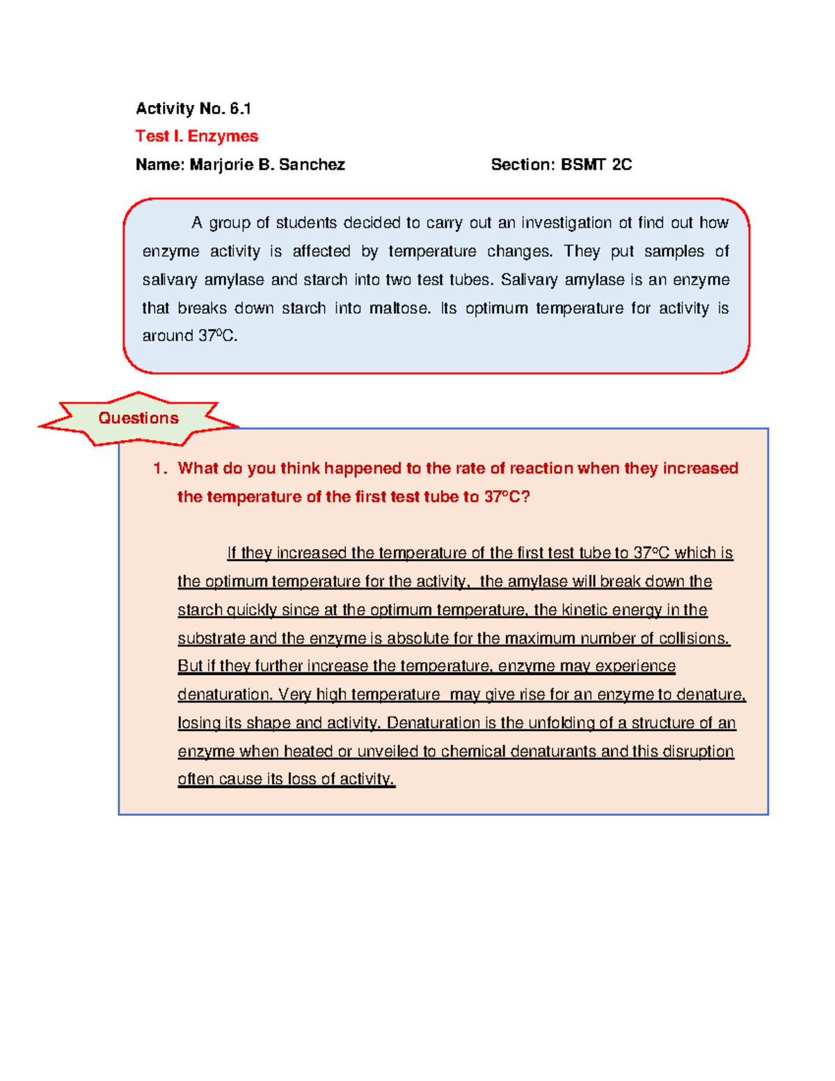 Activity No. 6.3 Enzymes Activity No. 6. Test I. Enzymes Name
