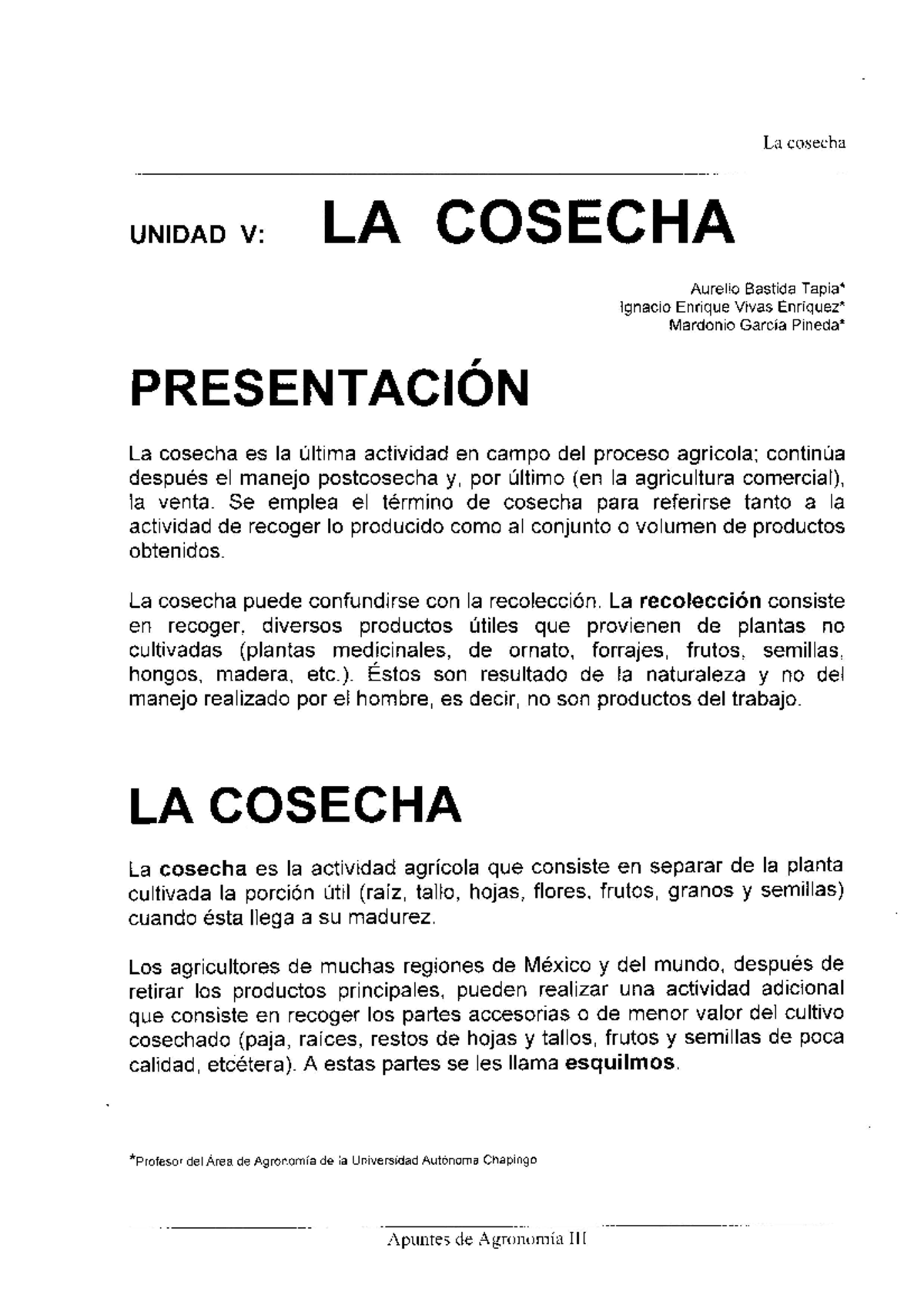 AG III Unidad V libro UNIDAD V LA COSECHA PRESENTACION recolección