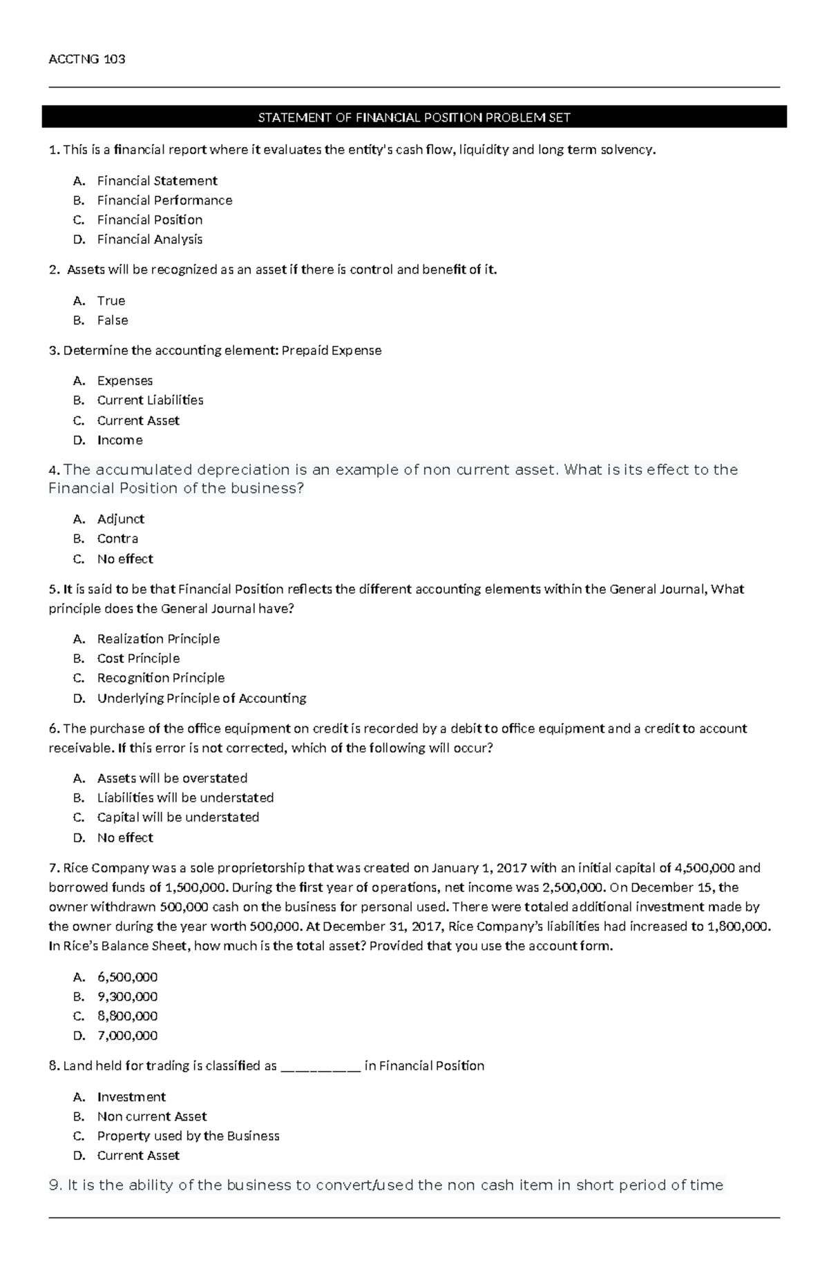 Acctg Problem SET 103 - ACCTNG 103 STATEMENT OF FINANCIAL POSITION ...