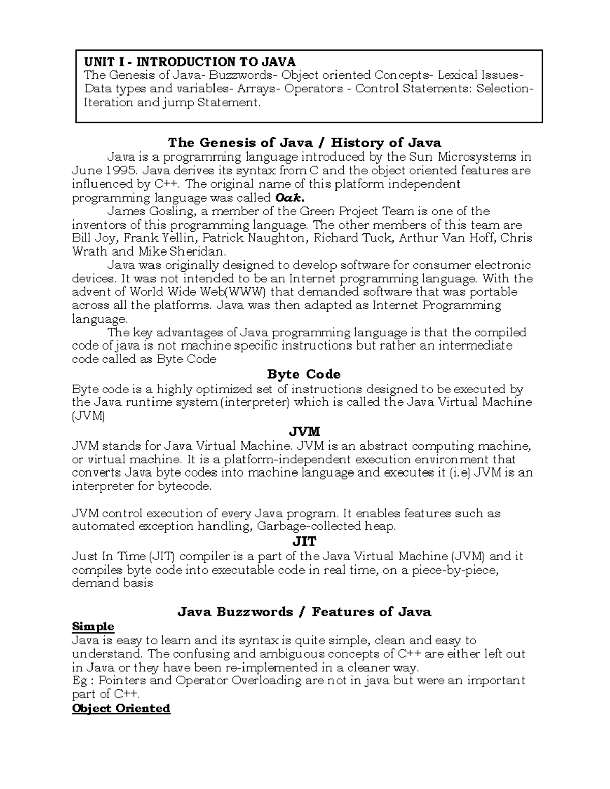 java units 1pdf - The Genesis of Java / History of Java Java is a ...