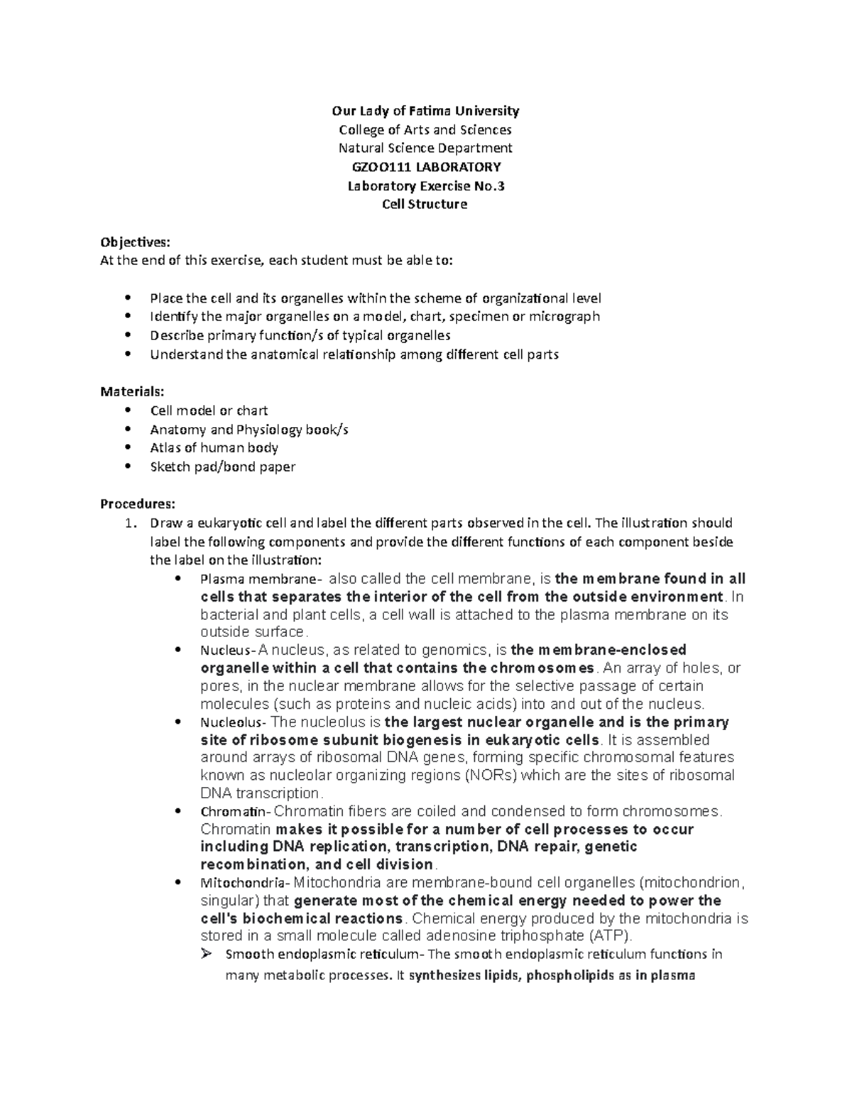 #03 Cell Structure - Our Lady of Fatima University College of Arts and ...