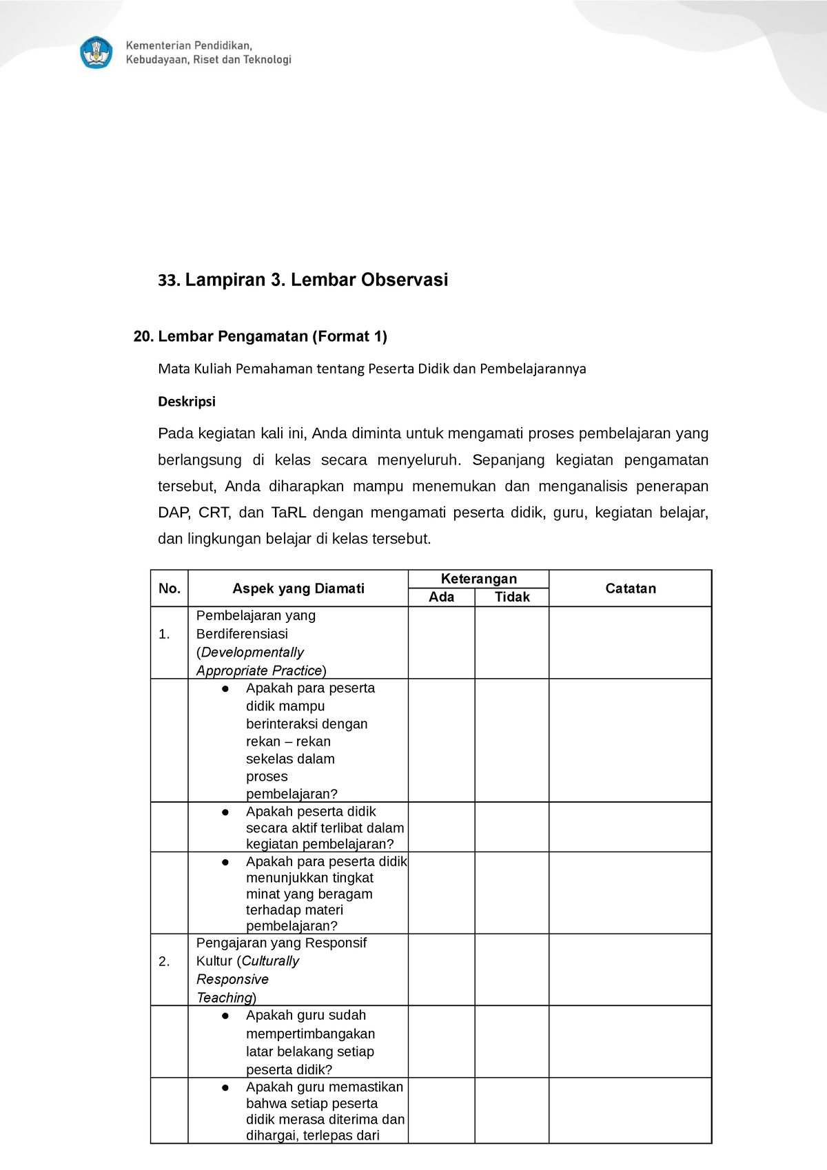 Lembar Pengamatan - Tugas - Cursus Ruimte - 33. Lampiran 3. Lembar ...