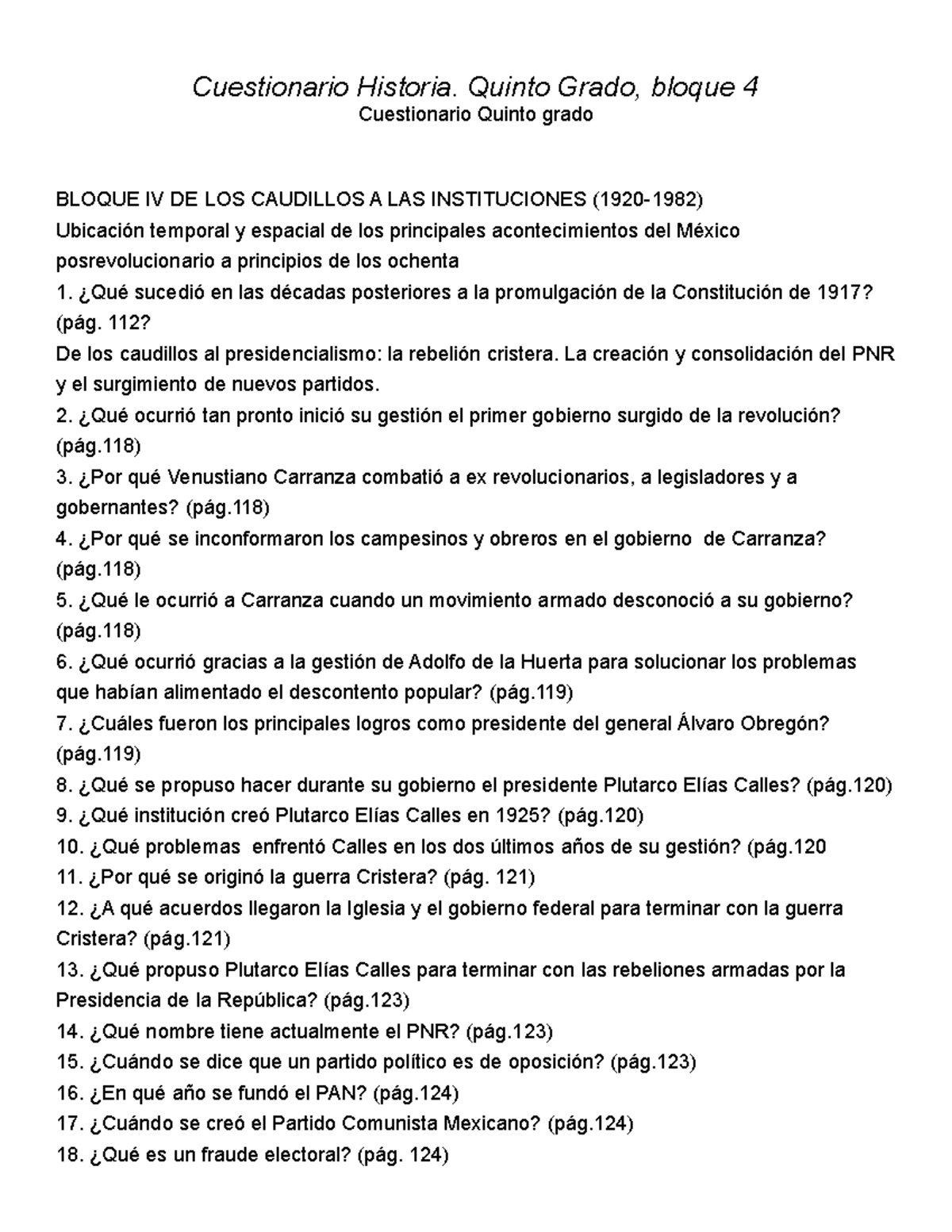 Cuestionarios DE Quinto Grado Bloque IV Cuestionario Historia. Quinto