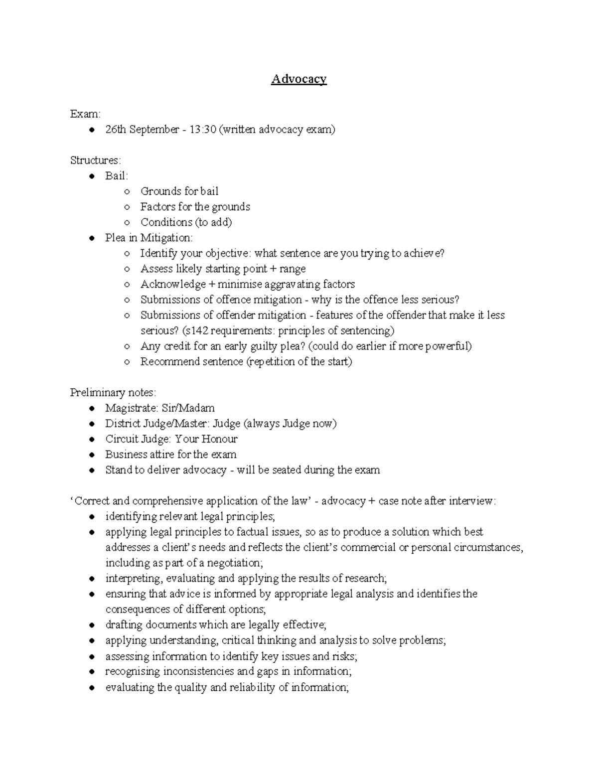 Advocacy Notes from lectures and classes - Advocacy Exam: 26th ...