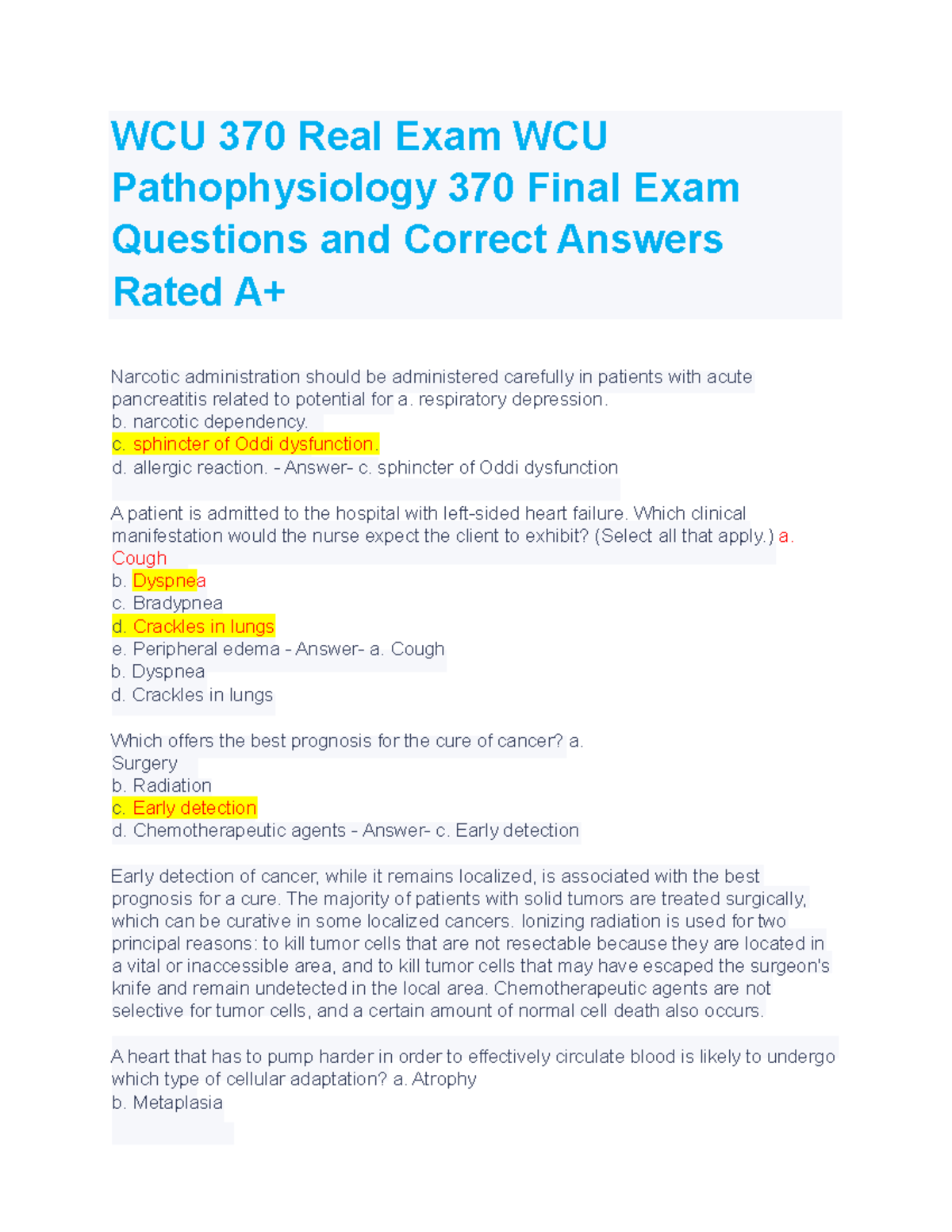 Wcu pathophysiology 370 final exam WCU 370 Real Exam WCU