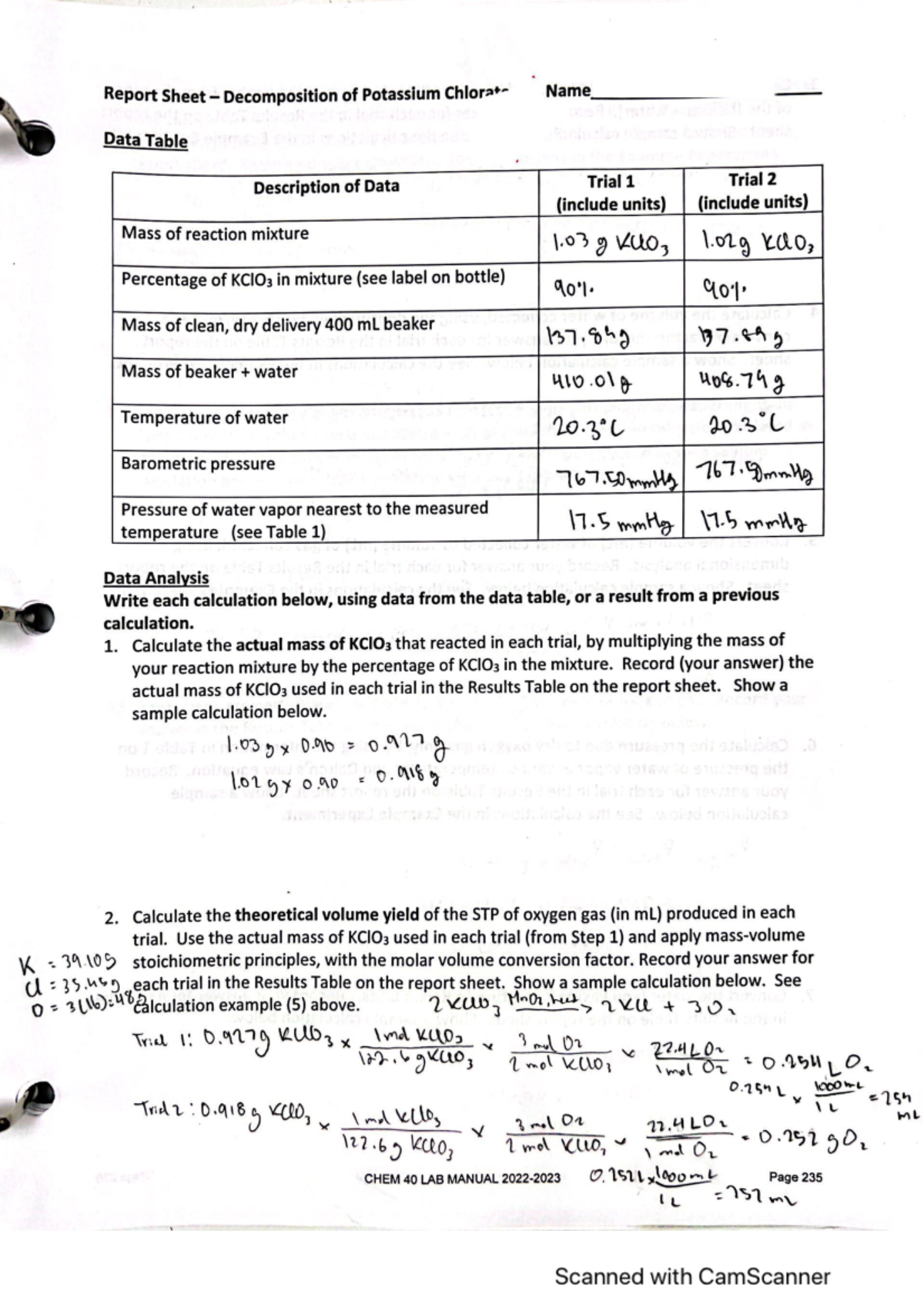 Decomposition KClO3 Lab Data - CHEM 40 - Studocu