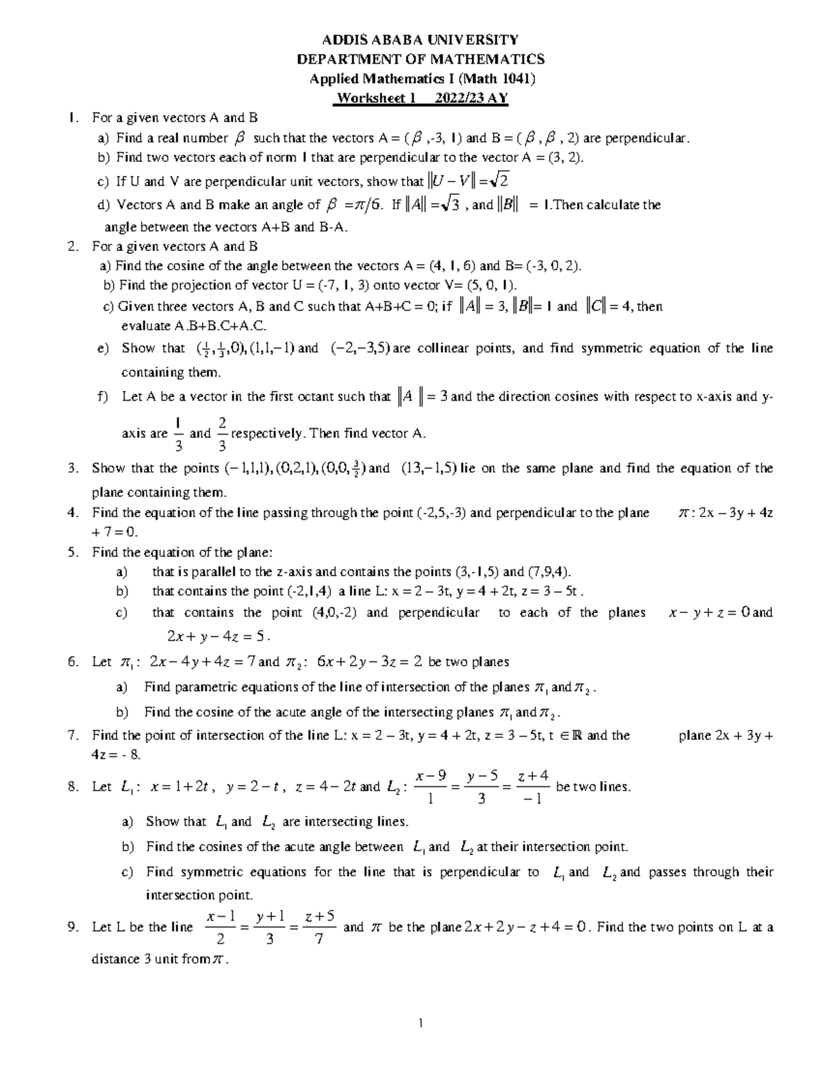 Applied Mathematics I (Math 1041) Worksheet I - 1 ADDIS ABABA ...