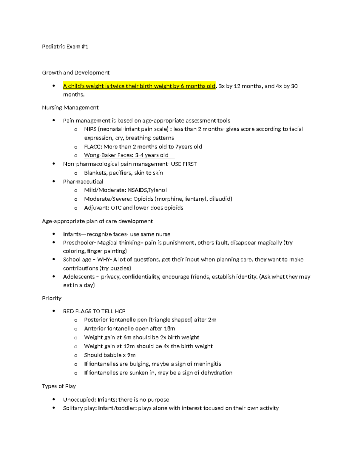 Peds exam study - Pediatric Exam # Growth and Development A child’s ...