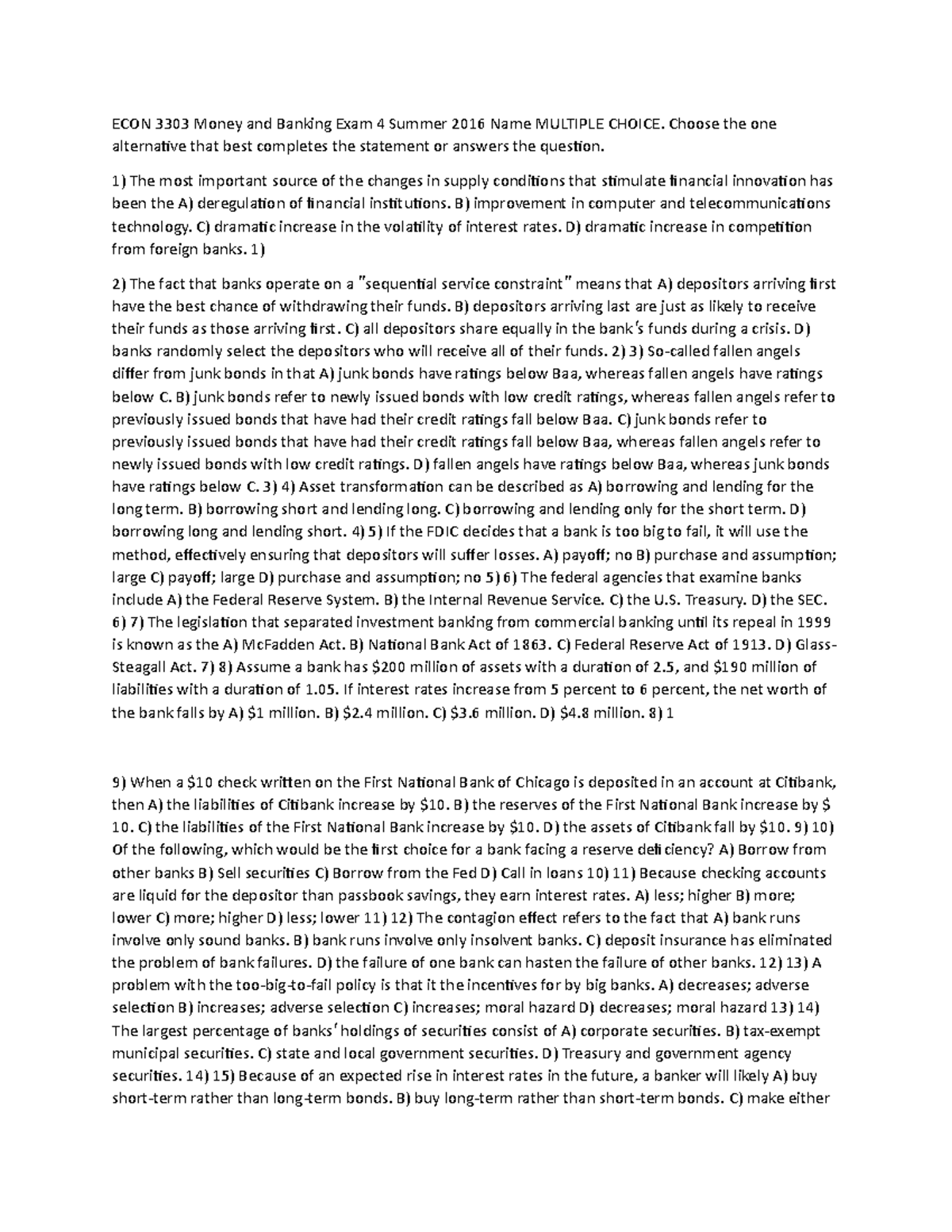 Econ 3303 money and banking exam 4 ECON 3303 Money and Banking Exam 4