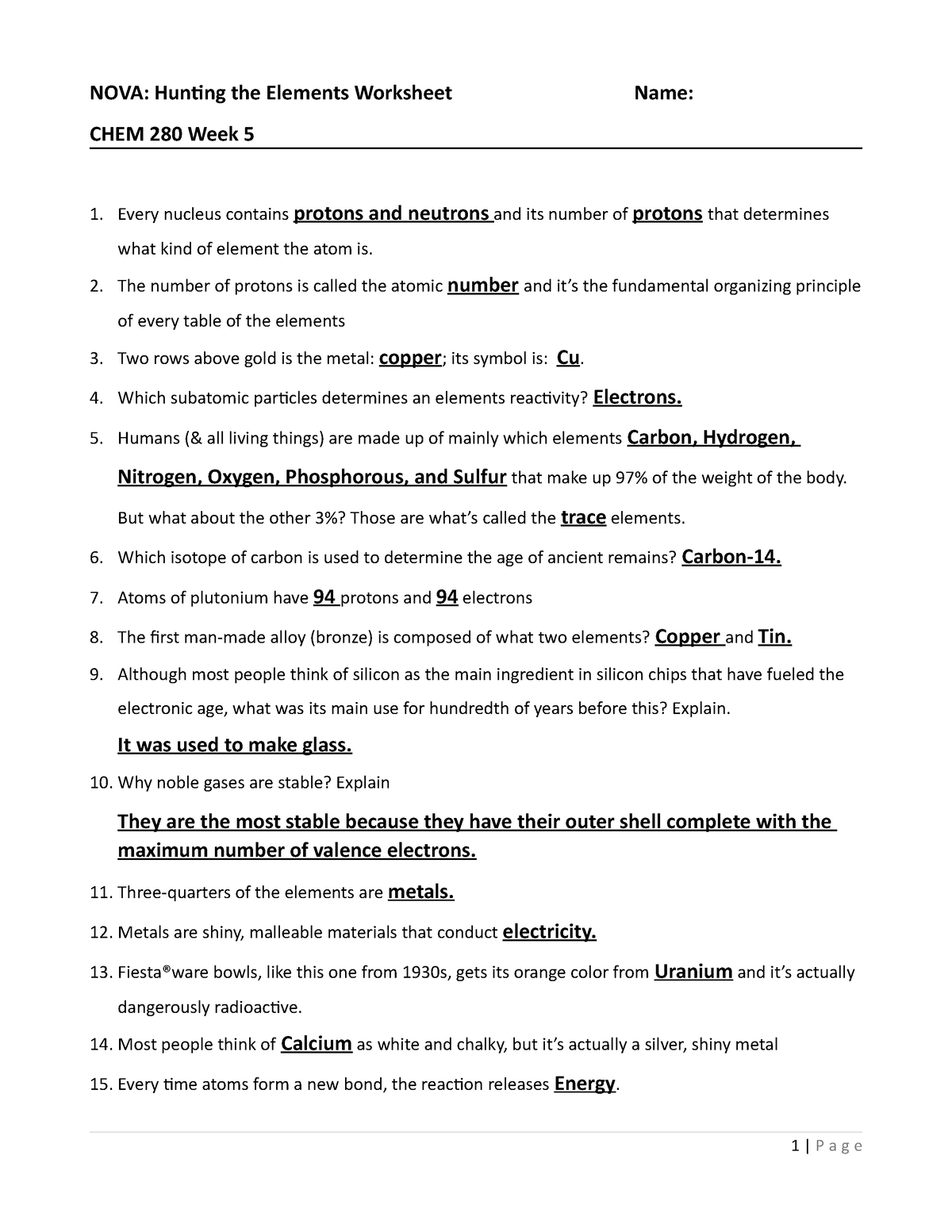 W22 Lab Assignment - NOVA: Hunting the Elements Worksheet Name With Regard To Hunting The Elements Worksheet Answers
