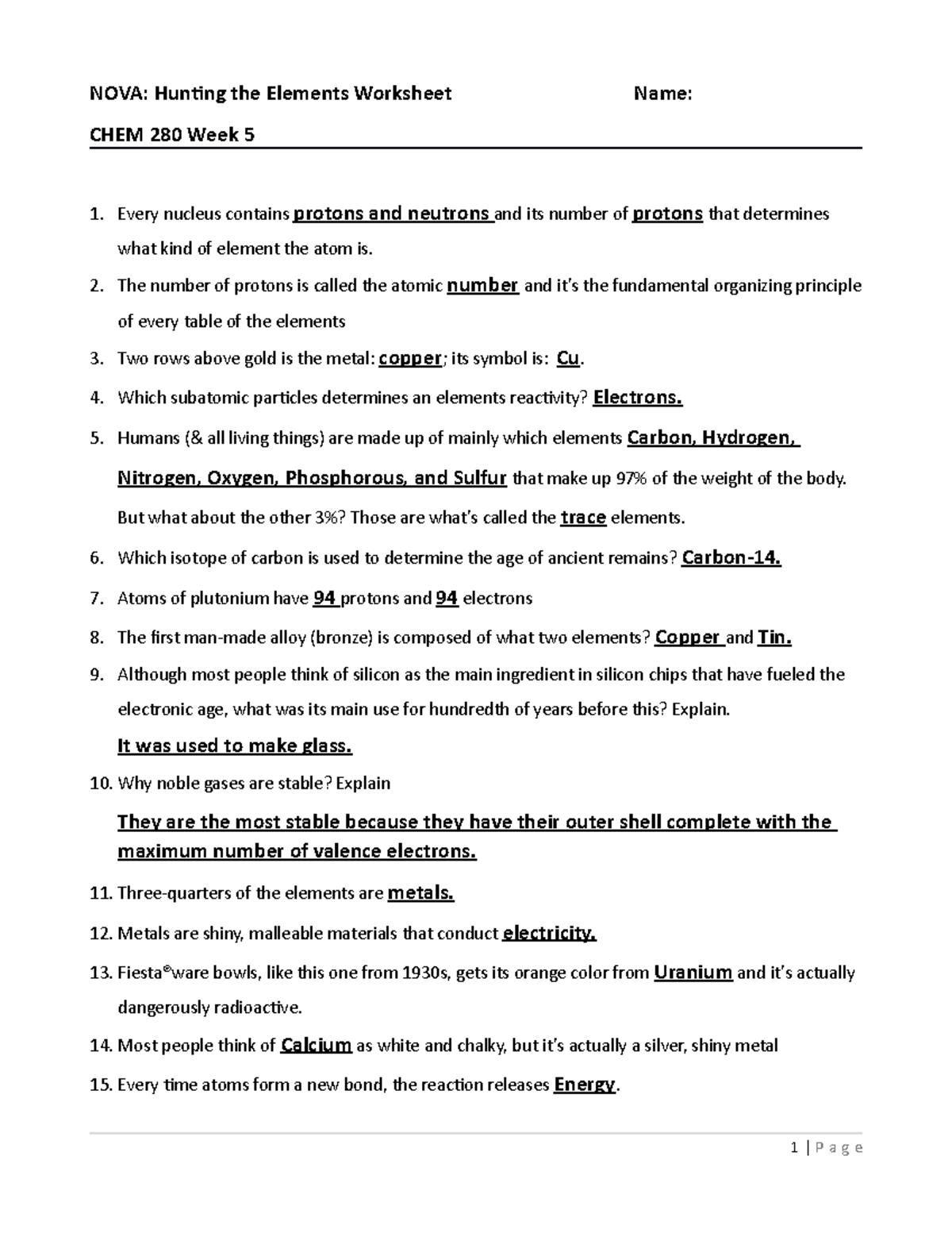 W22 Lab Assignment - NOVA: Hunting the Elements Worksheet Name With Regard To Hunting The Elements Worksheet Answers