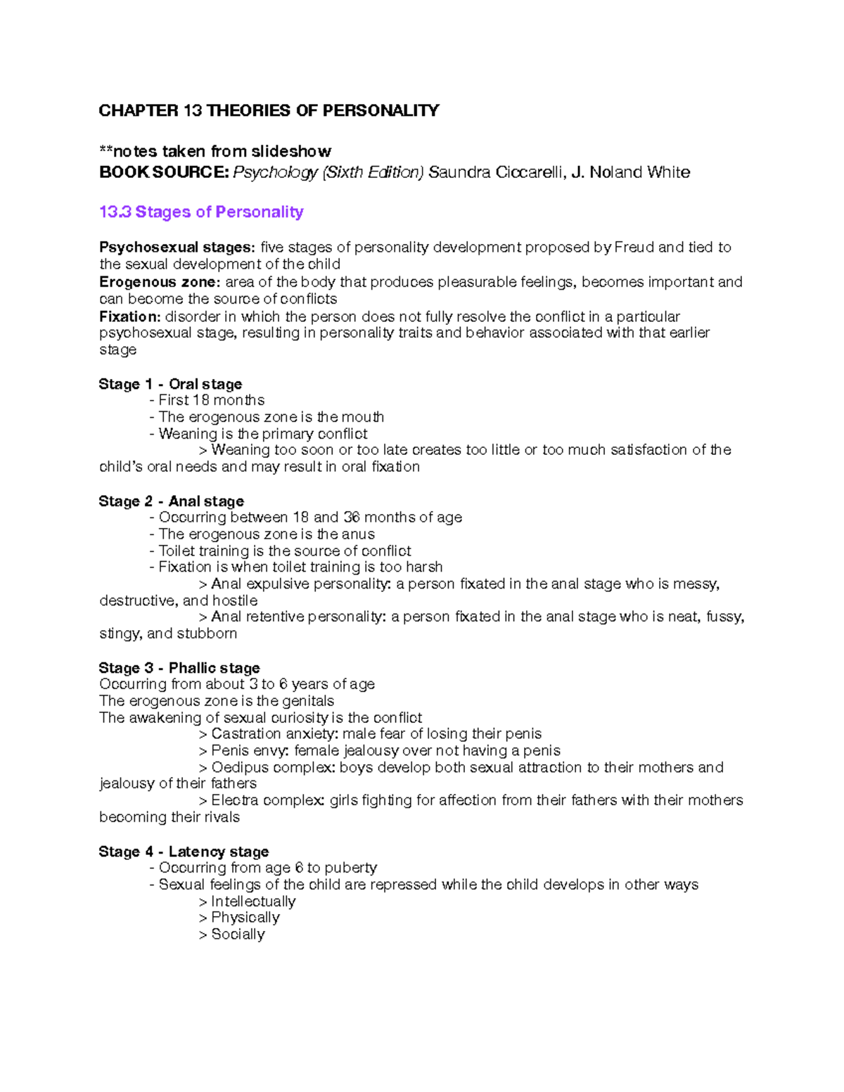 Psych 1101: 13.3-13.5 - CHAPTER 13 THEORIES OF PERSONALITY **notes ...