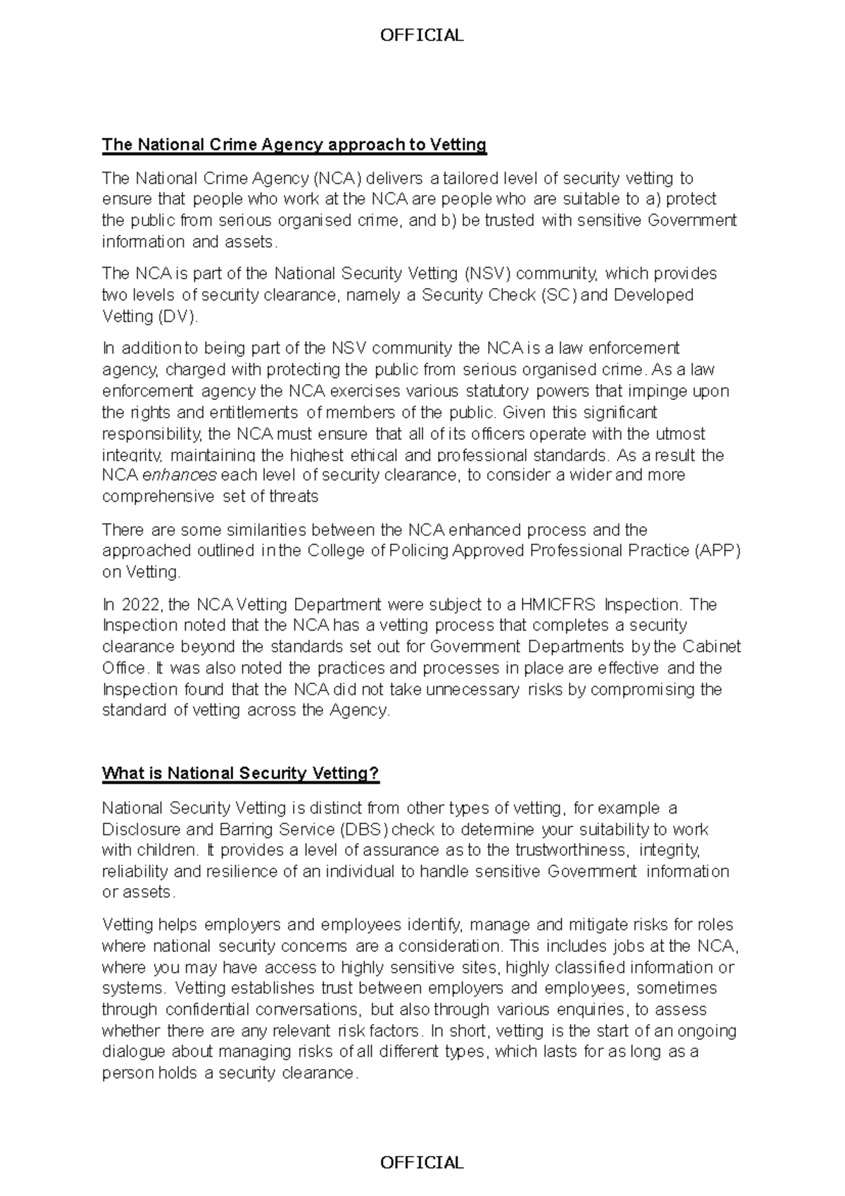 What is nca enhanced vetting the national crime agency approach to