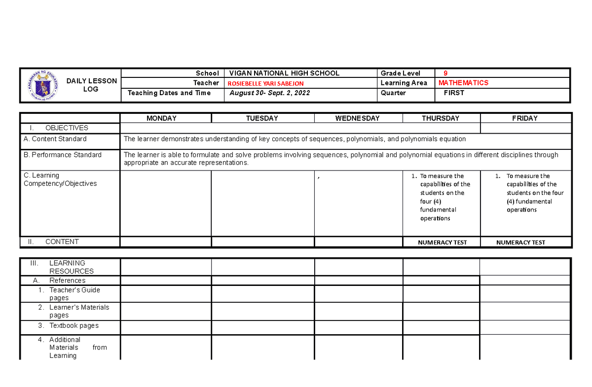 G9 August 30-sept 1, 2022 - Daily Lesson Log School Vigan National High 