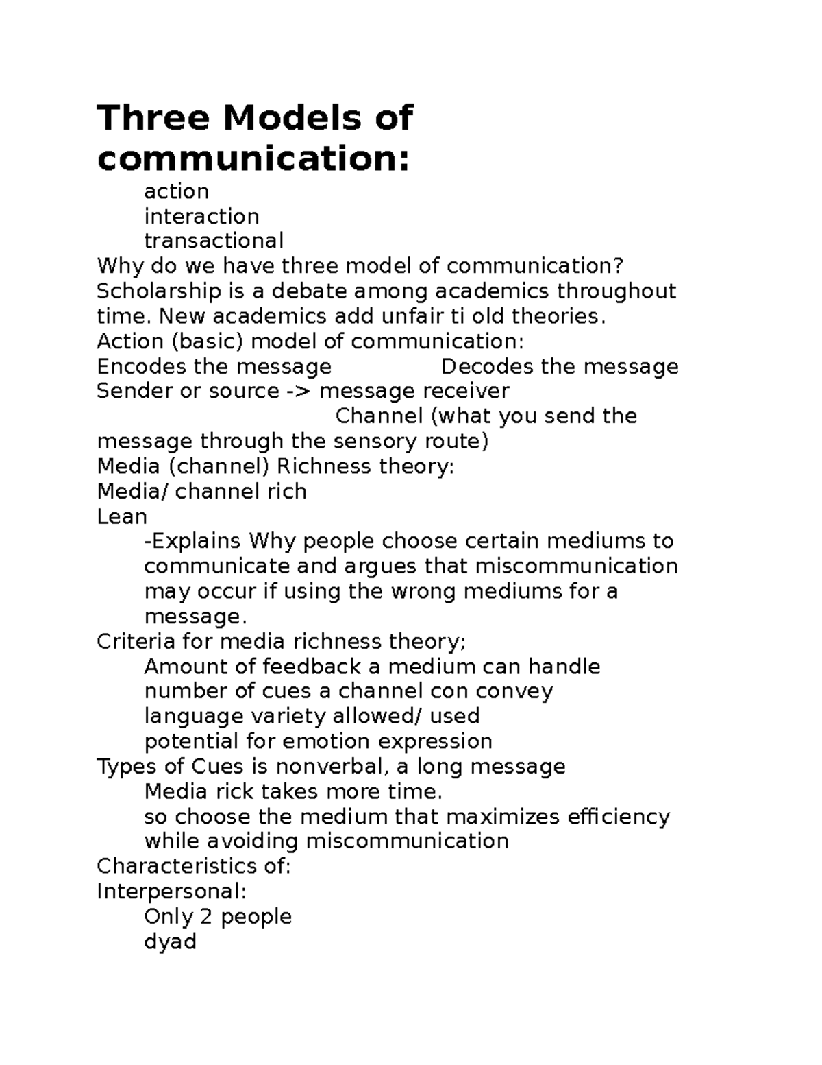 Three Models of communication - Three Models of communication: action ...