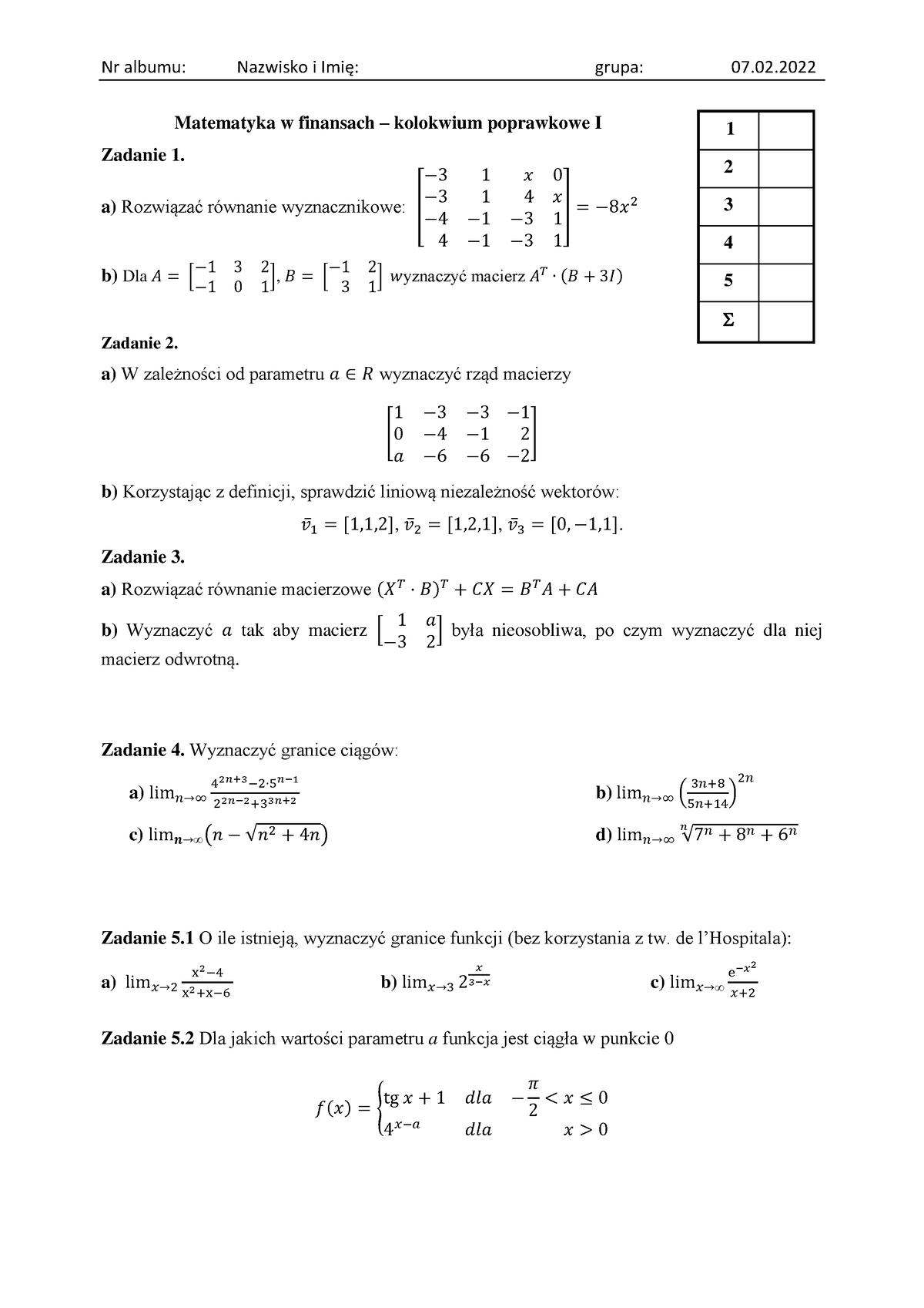 Kolokwium Fir Matematyka Orzeszko - Nr Albumu: Nazwisko I Imię: Grupa ...