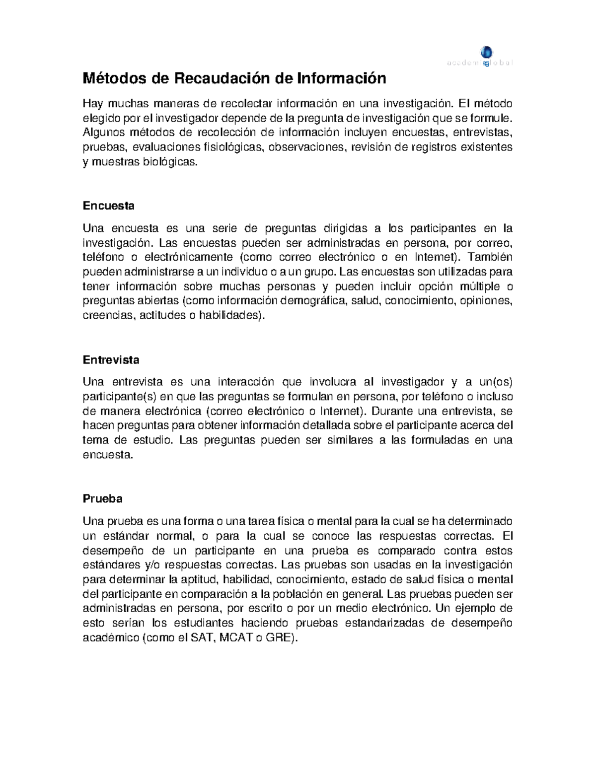 Metodos de Recaudacion de Informacion - Métodos de Recaudación de ...