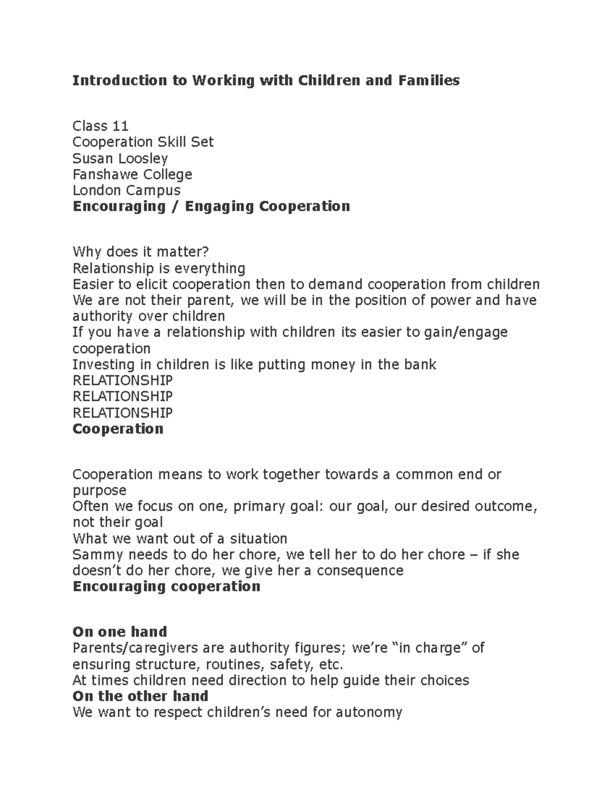 Week Eleven - Lecture notes 11 - Introduction to Working with Children ...
