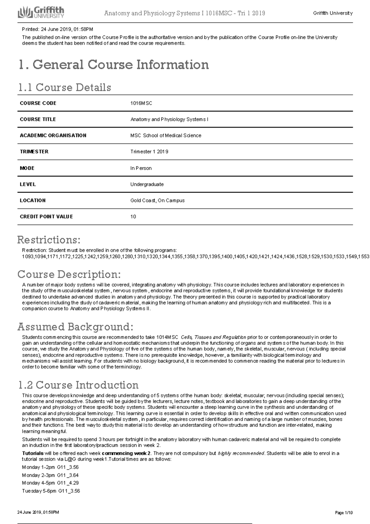 Griffith University Course Profile - 1101AFE - Anatomy and Physiology ...
