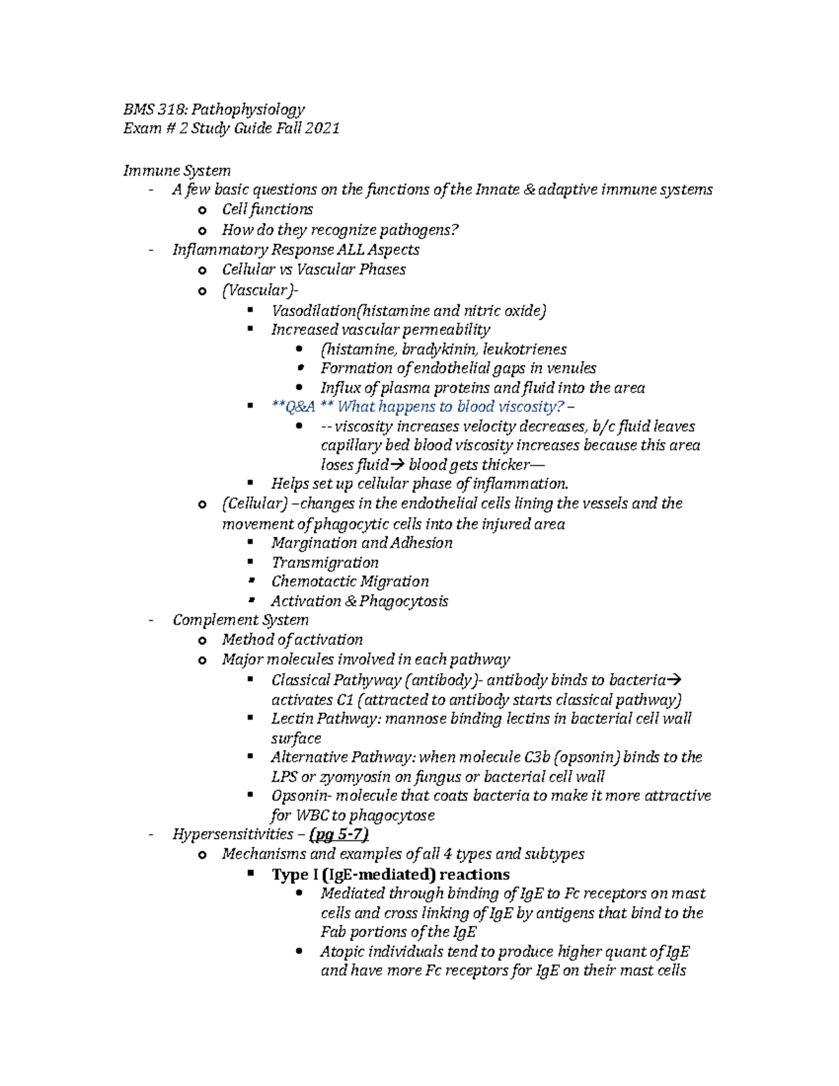 Exam 2 Study Guide - BMS 318: Pathophysiology Exam # 2 Study Guide Fall ...