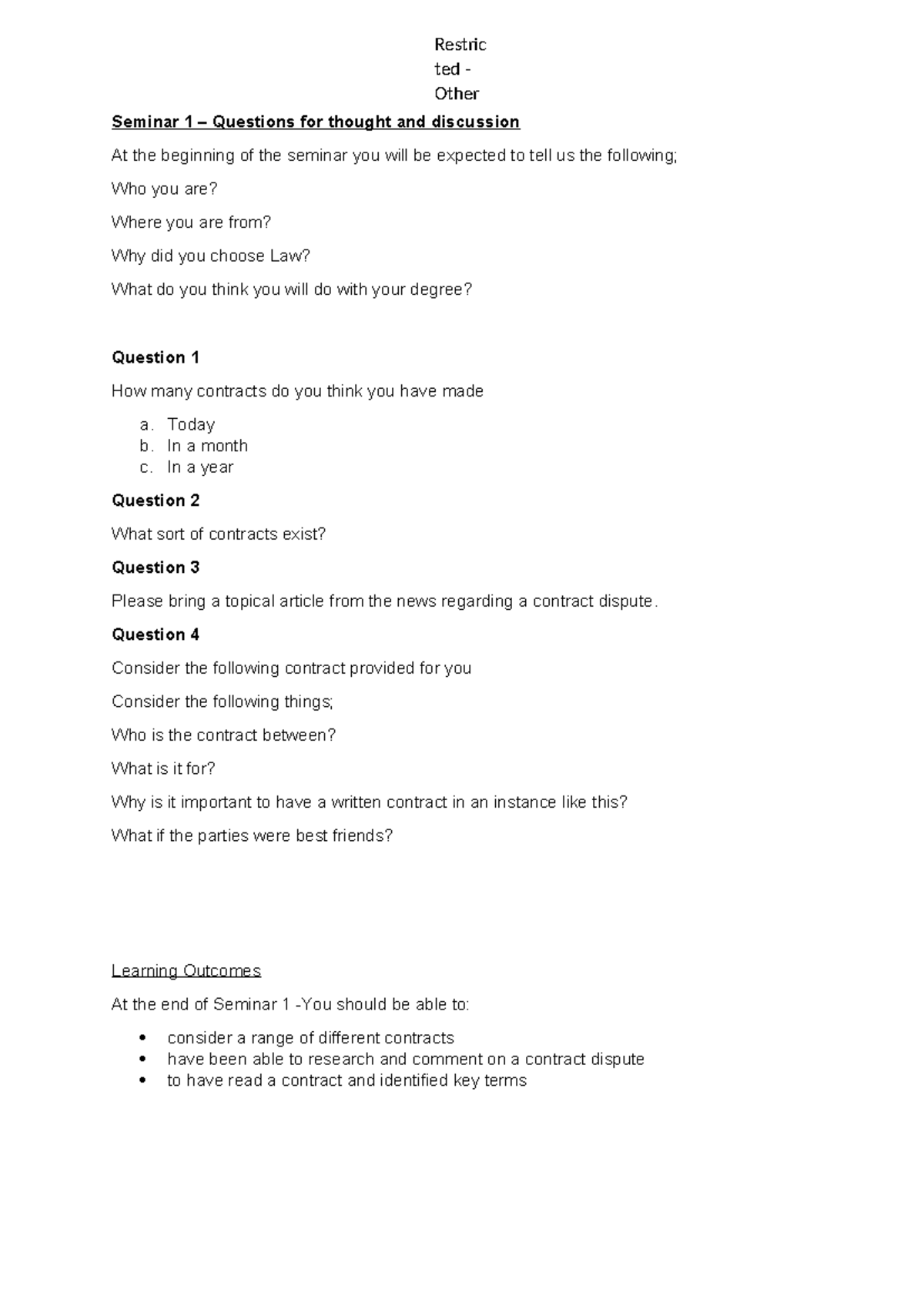 Seminar 1 - Contract Law Tutorial - Restric ted - Other Seminar 1 ...