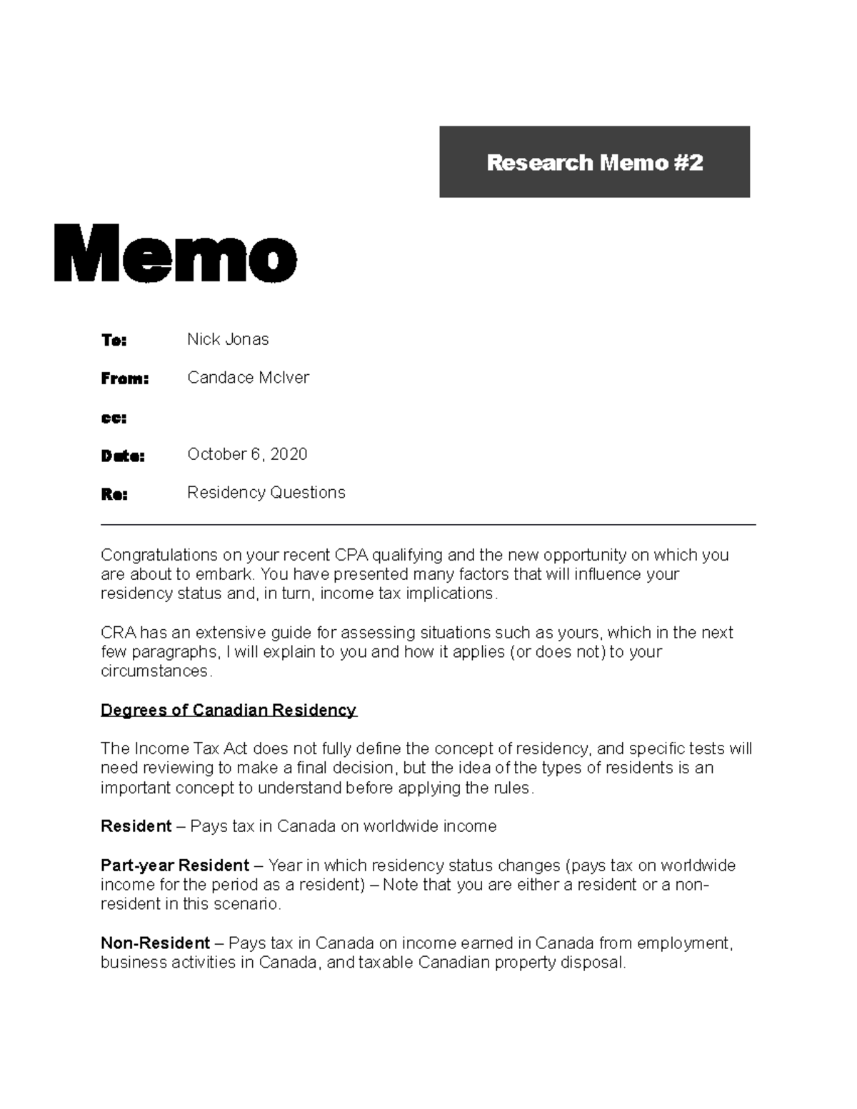 R.MEMO #2 - Research Memo Memo To: Nick Jonas From: Candace McIver cc ...