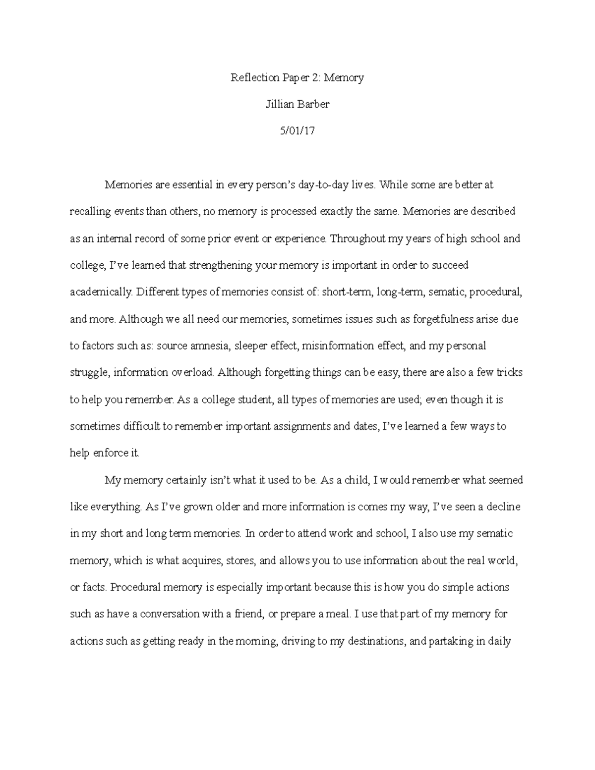 memory reflection essay