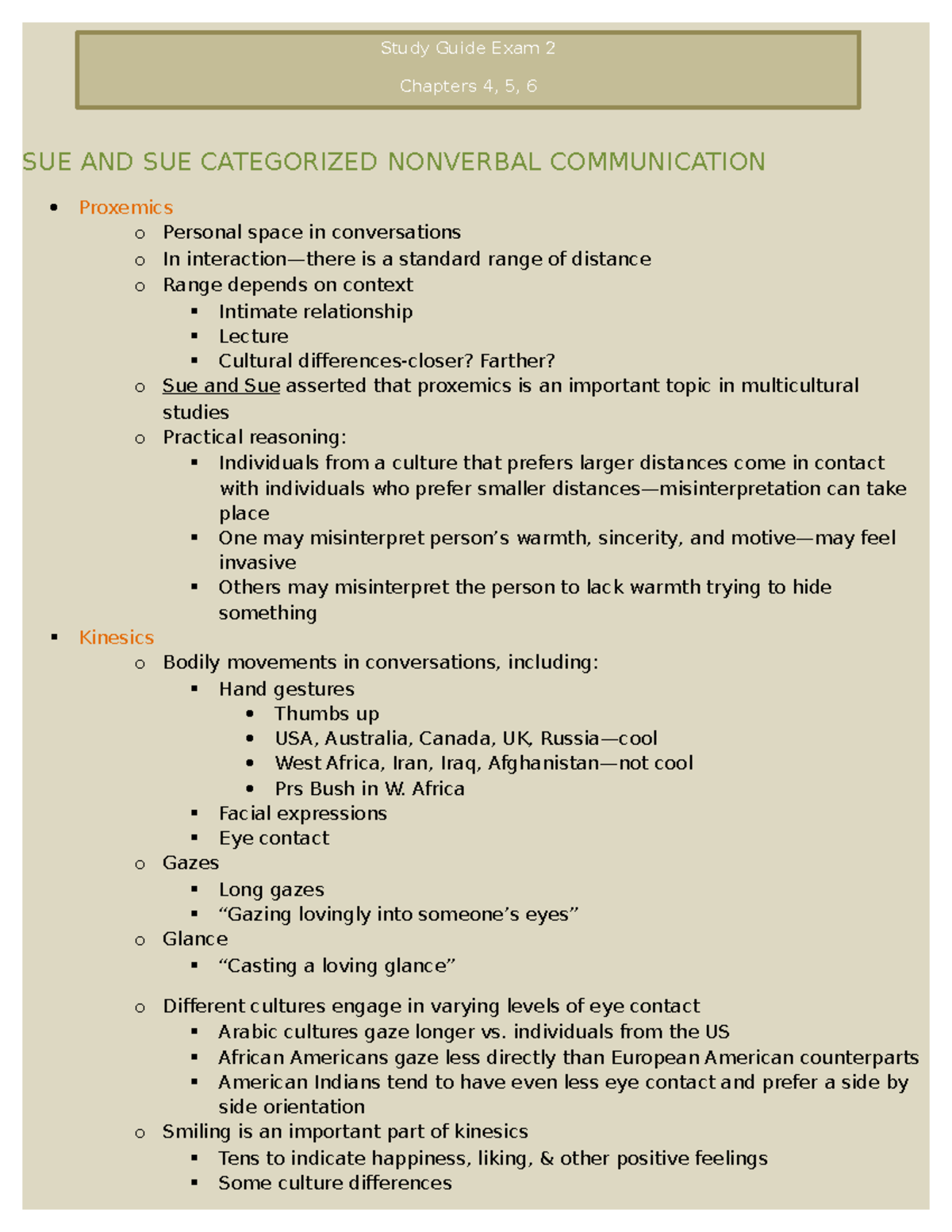 Study guide exam 2 psych 3325 F20 SUE AND SUE CATEGORIZED NONVERBAL