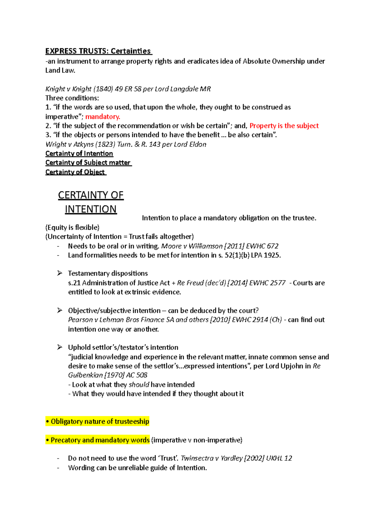 Express Trusts - Lecture notes on Certainty of Intention, Subject ...