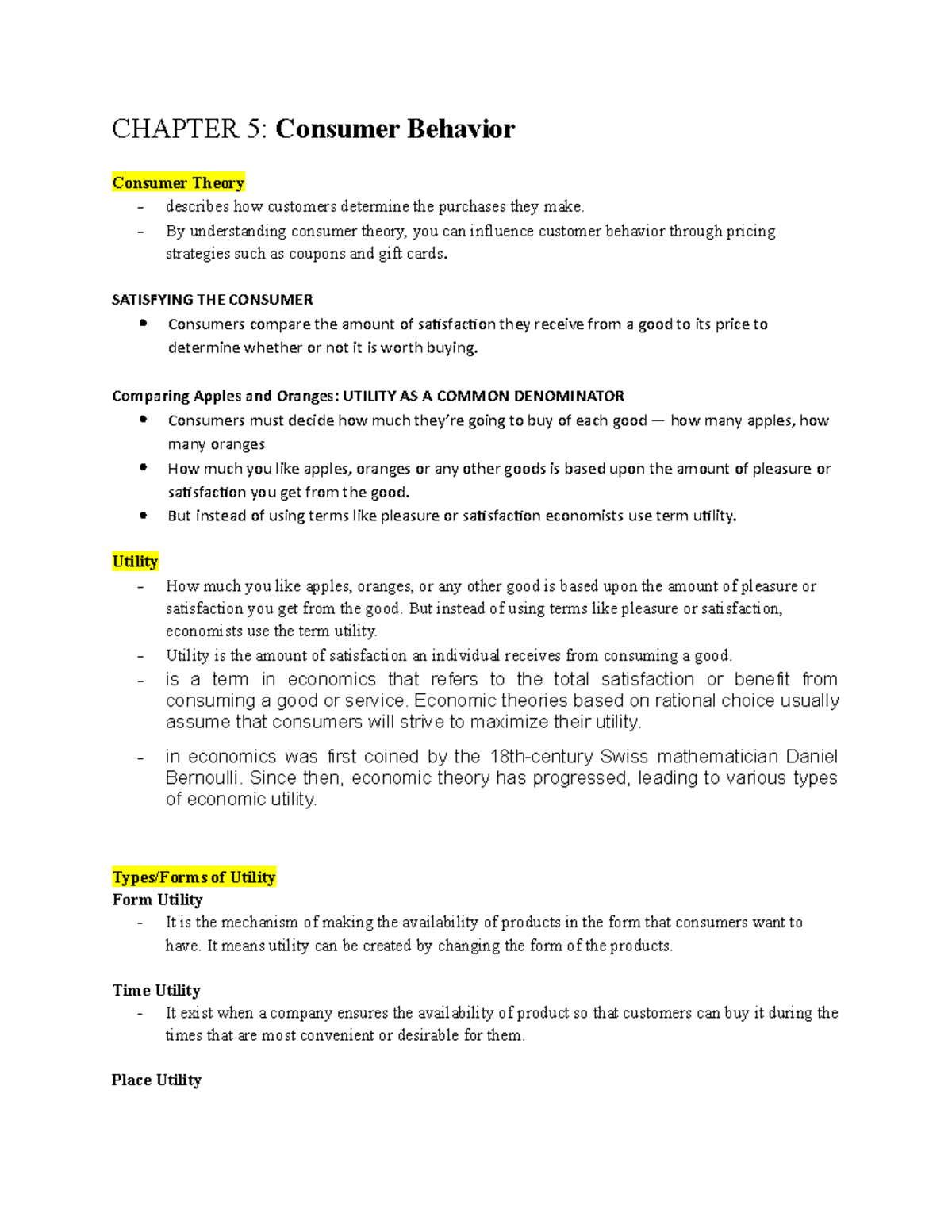 Chapter 5 ECON Summary - NOTES - CHAPTER 5: Consumer Behavior Consumer ...