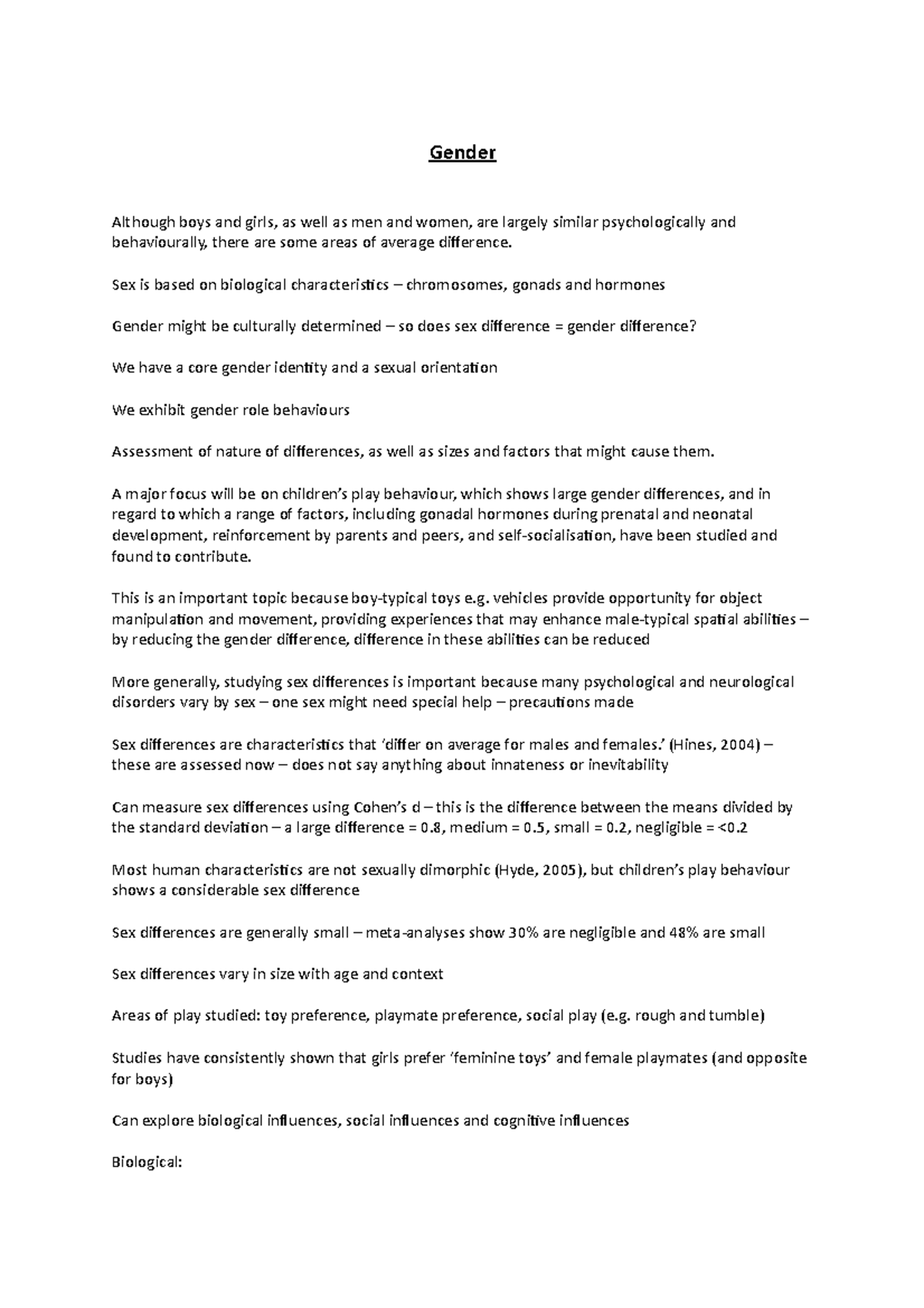 Gender exam notes Summary Psychology Gender Although boys and girls