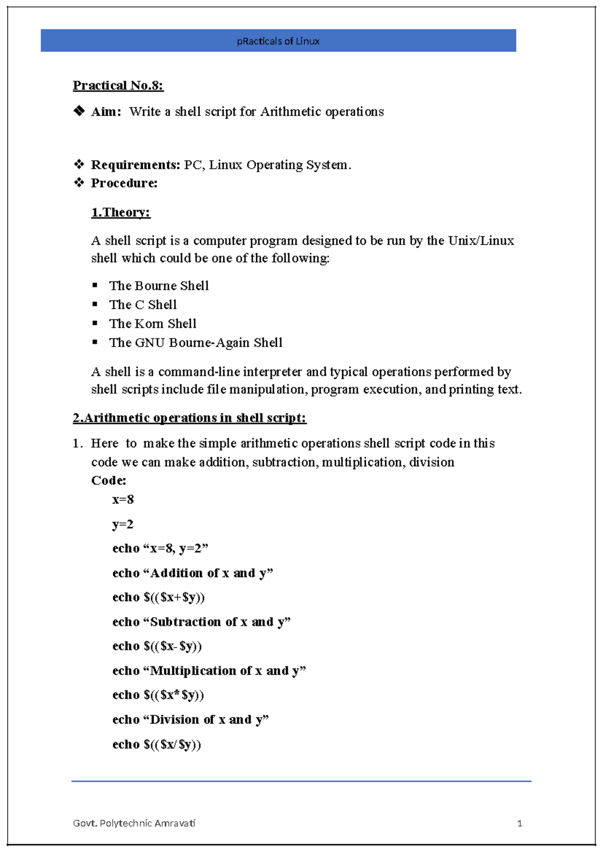 Pract 8 Arithmetic - Practical No: Aim: Write a shell script for ...