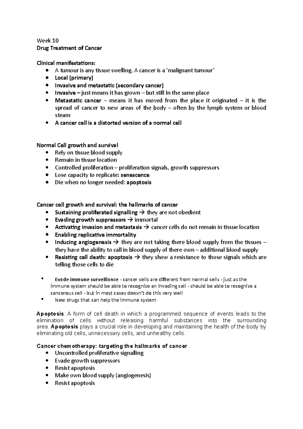 Week 10 cancer notes - Week 10 Drug Treatment of Cancer Clinical ...