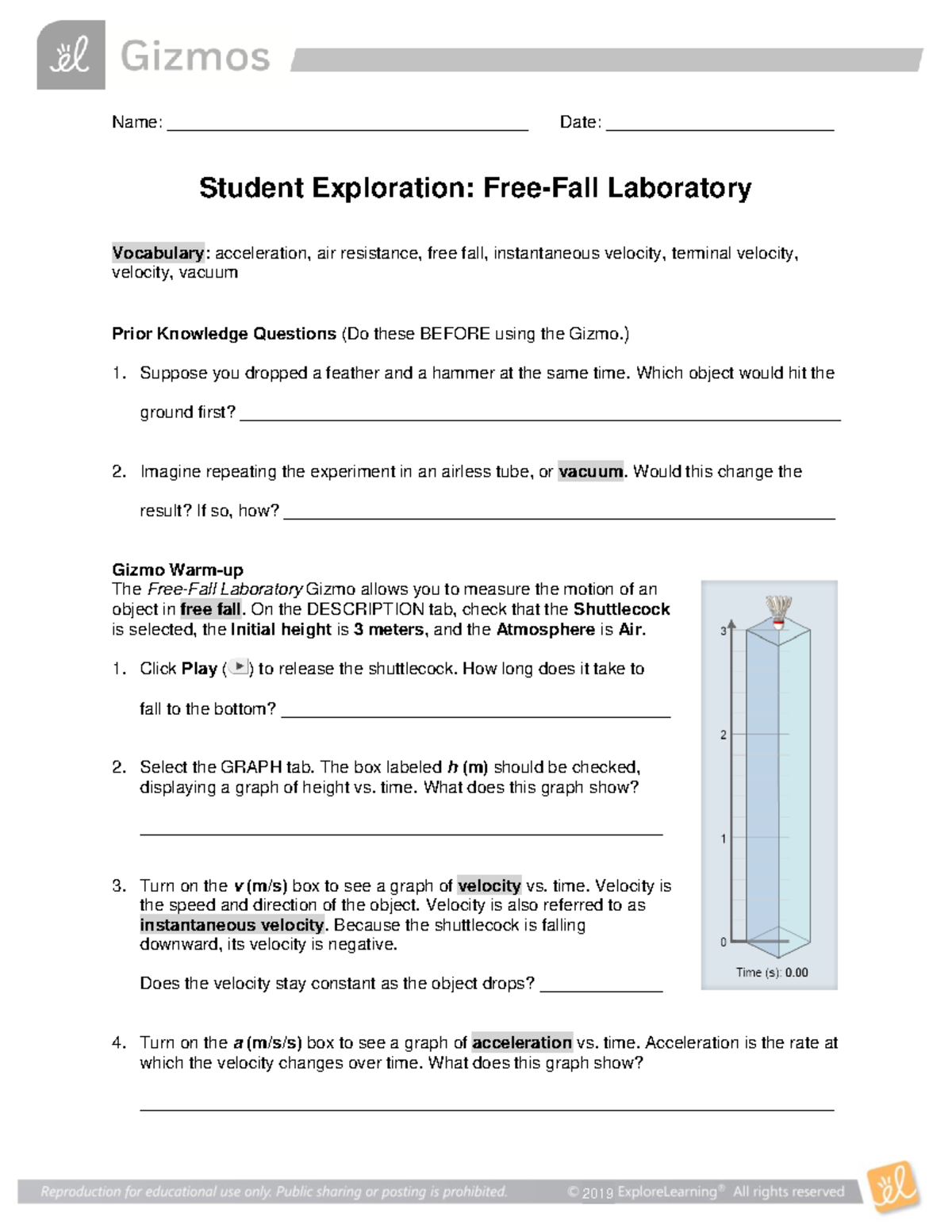 Free-Fall Laboratory Experiment Notes - PHY106-Lab - Name