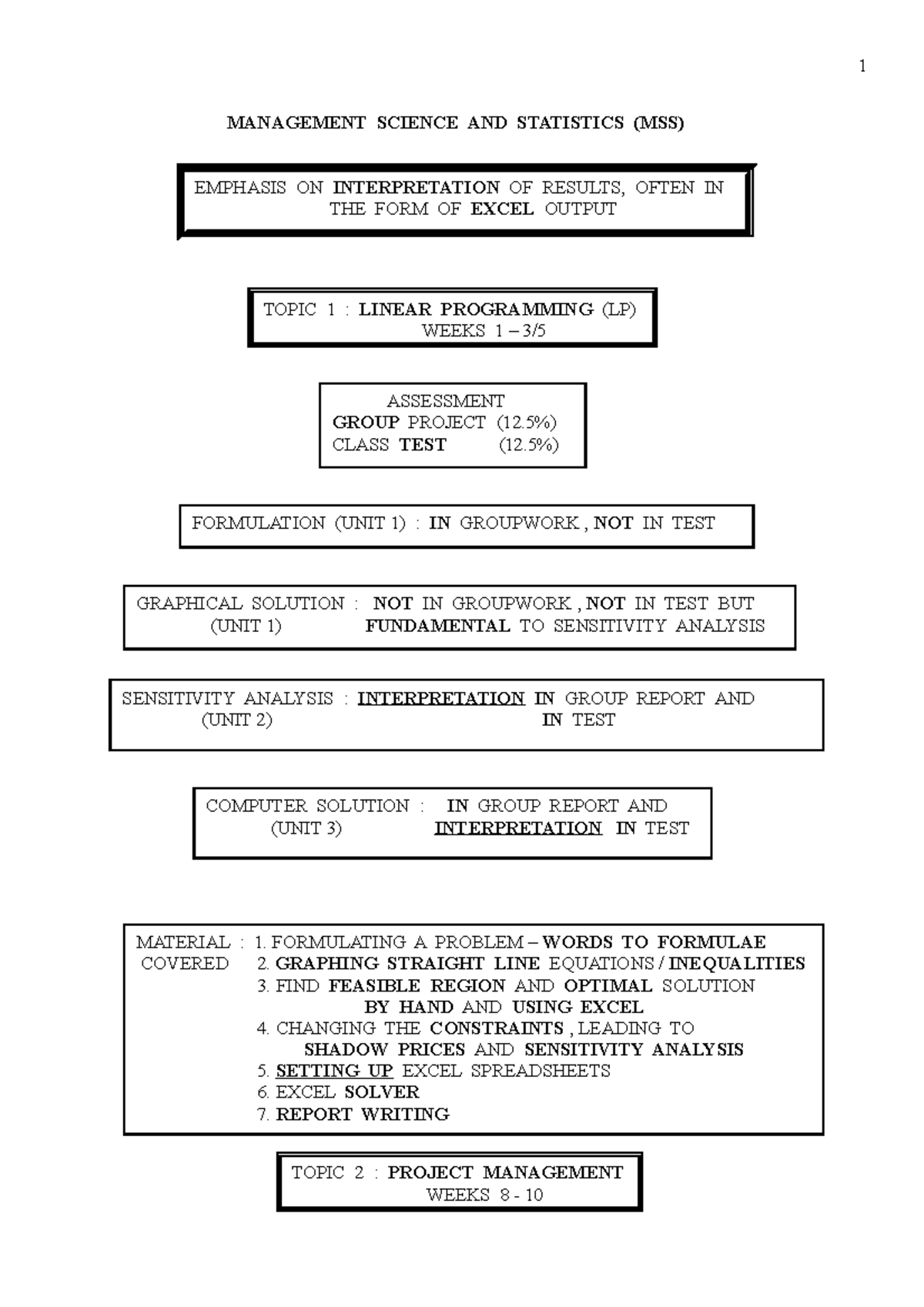 Introd 0 - Week 1 - MANAGEMENT SCIENCE AND STATISTICS (MSS) EMPHASIS ON ...