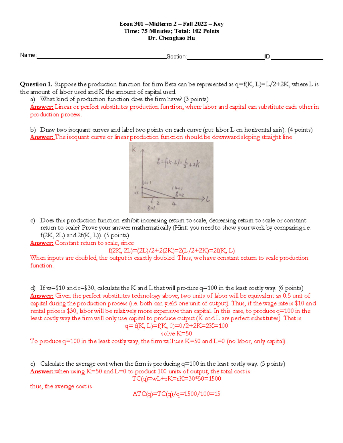 Midterm 2 Fall 2022 Key - Econ 301 – Midterm 2 – Fall 2022 – Key Time ...