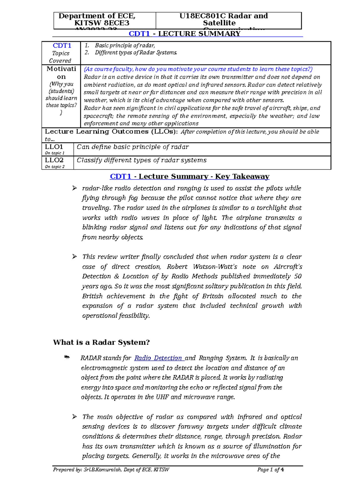 Different types of Radar Systems Department of ECE, KITSW 8ECE AY