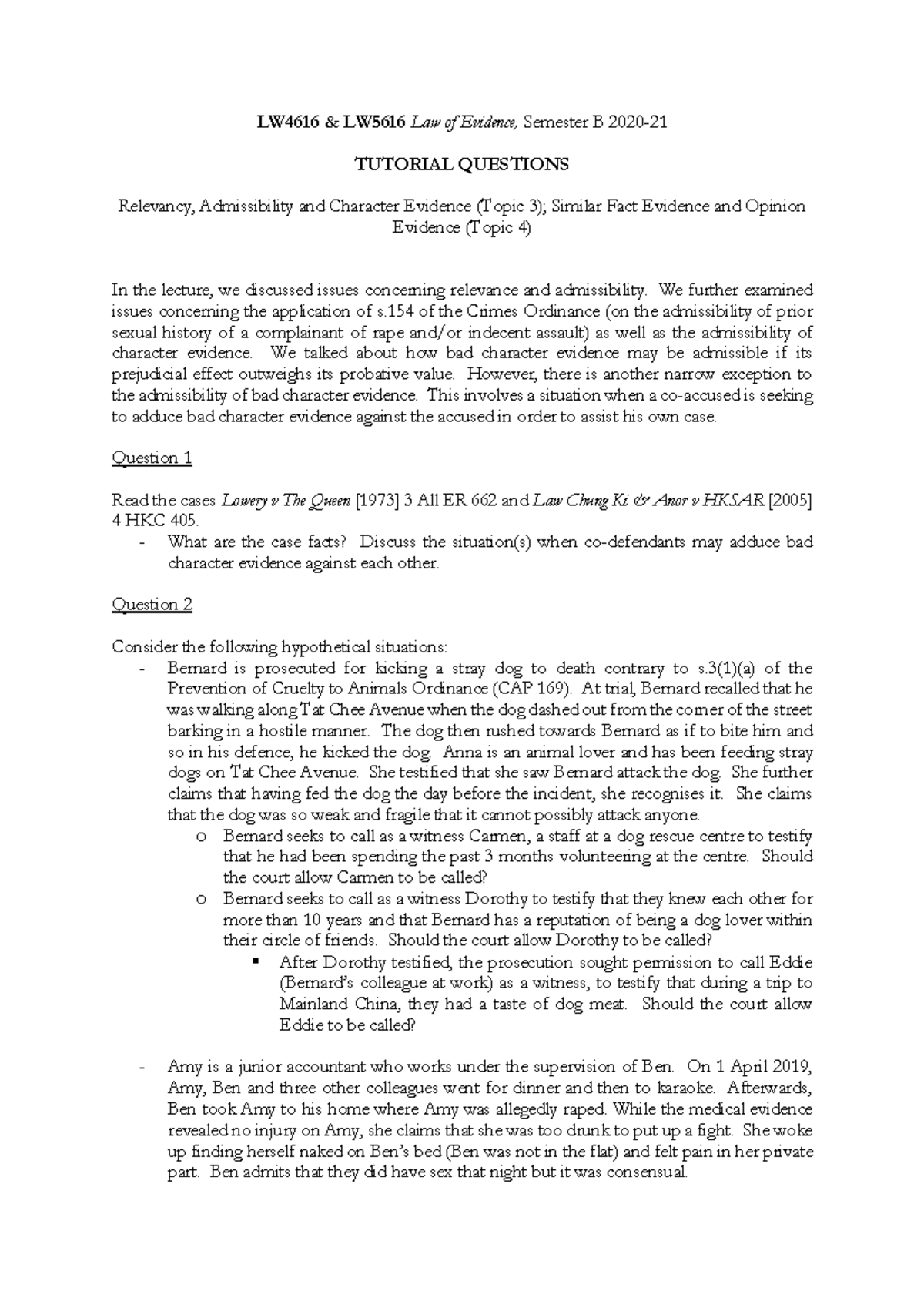 Evidence Law topic 3 and 4 tutorial question - LW4616 & LW5616 Law of ...