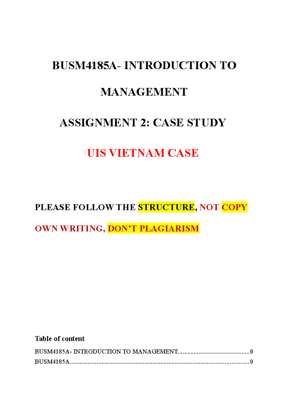 Assignment 2 - Case Analysis USI Vietnam - BUSM4185A- INTRODUCTION TO ...