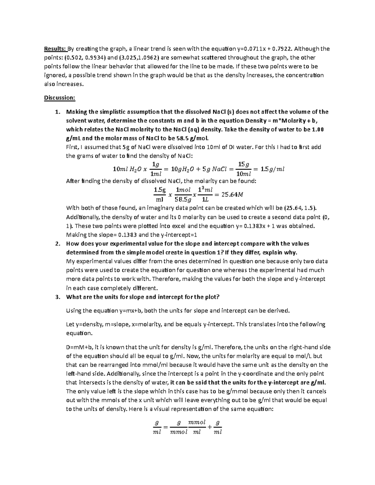 Results for Density Lab - Results: By creating the graph, a linear ...