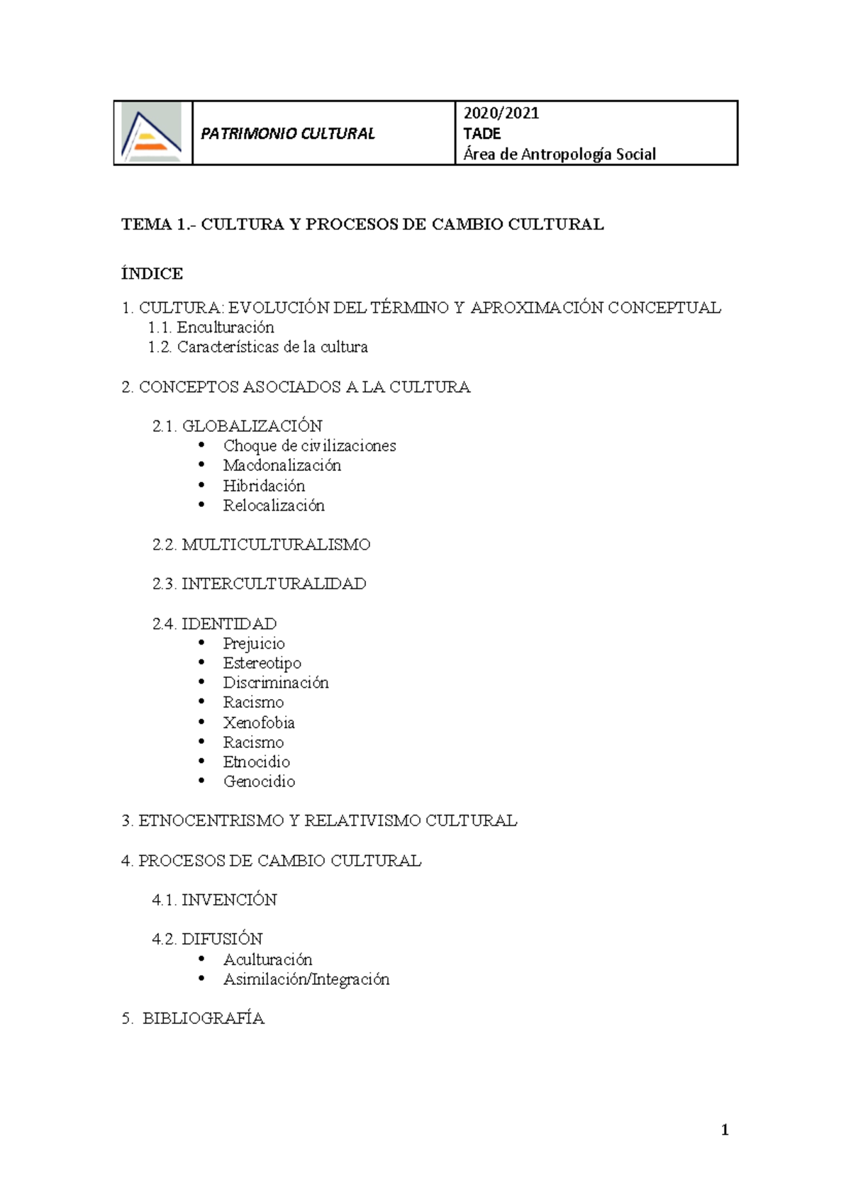 TEMA 1 Cultura Y Procesos DE Cambio Cultural 20-21 - PATRIMONIO ...
