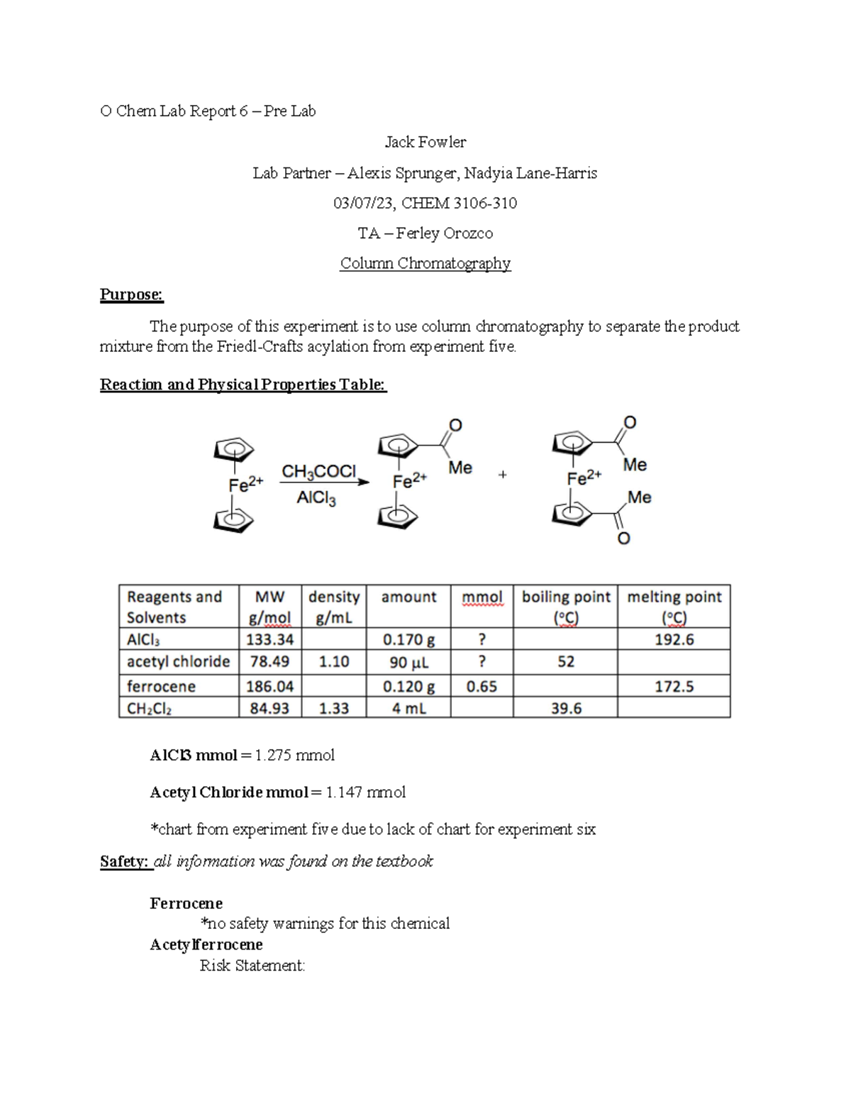 O Chem Lab Report 6 - Reaction and Physical Properties Table: AlCl3 ...