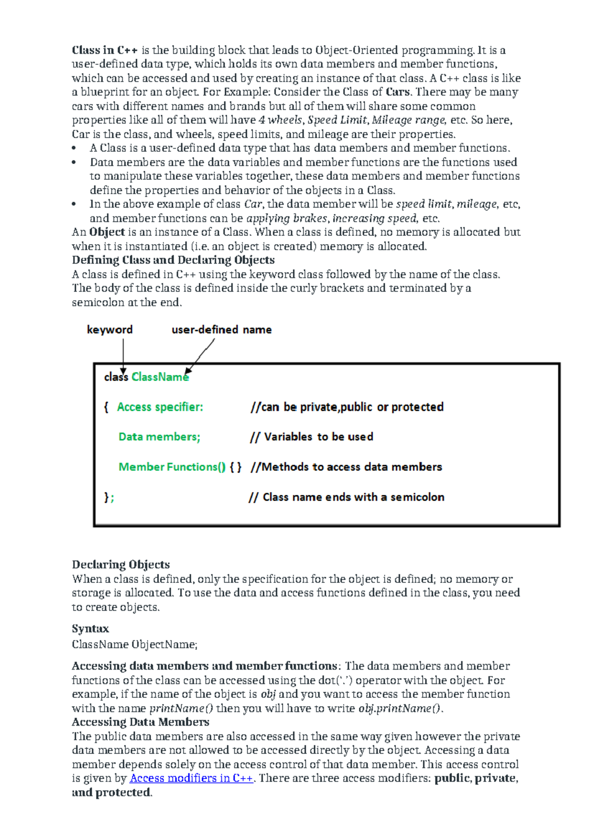 Unit II C++ - c++ notes - Class in C++ is the building block that leads ...