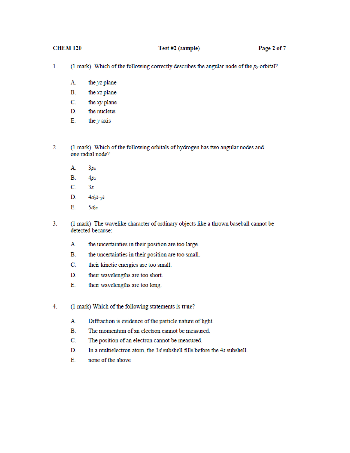 TEST 2016, questions - Chem 120 - Studocu