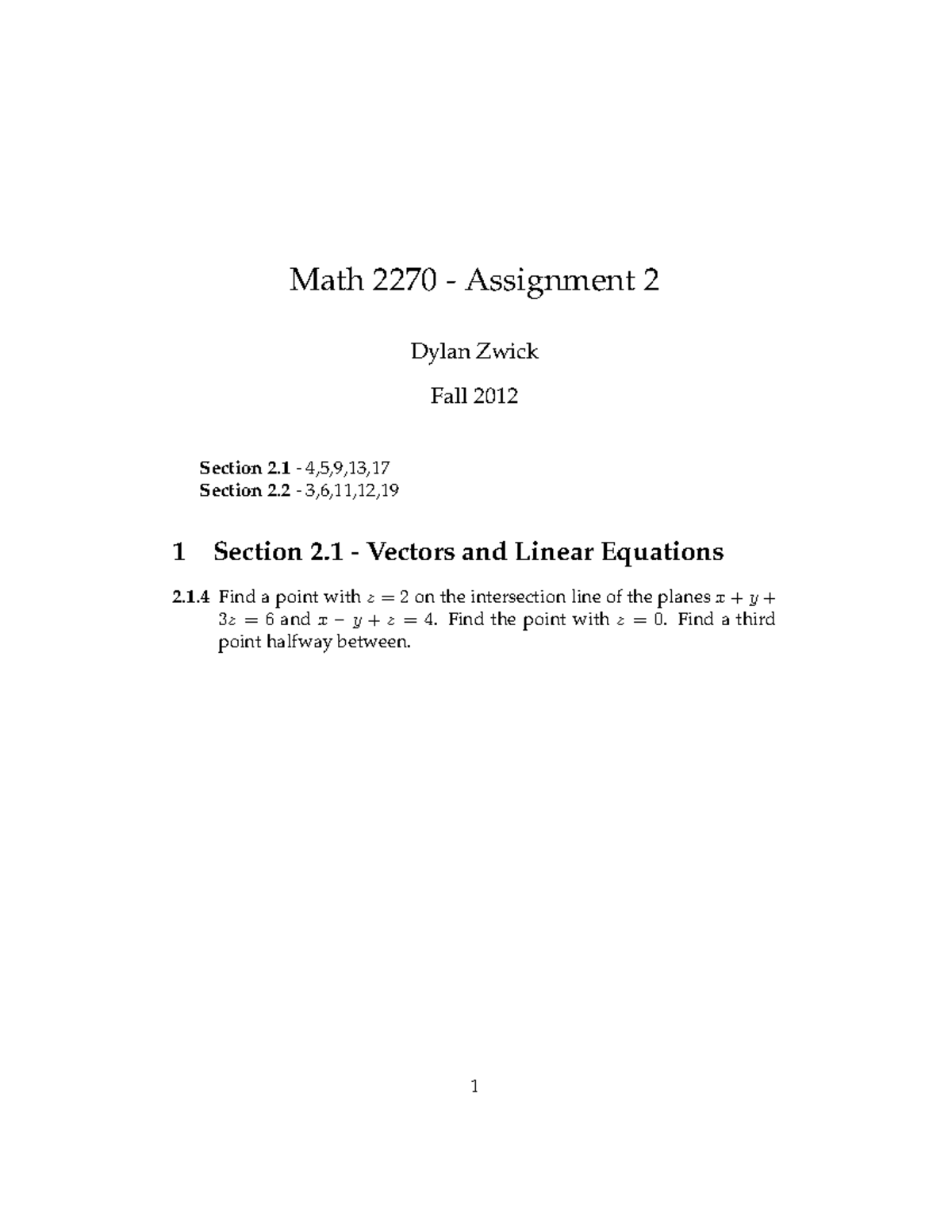 Seminar Assignments - Assignment 2 With Solutions - Math 2270 ...