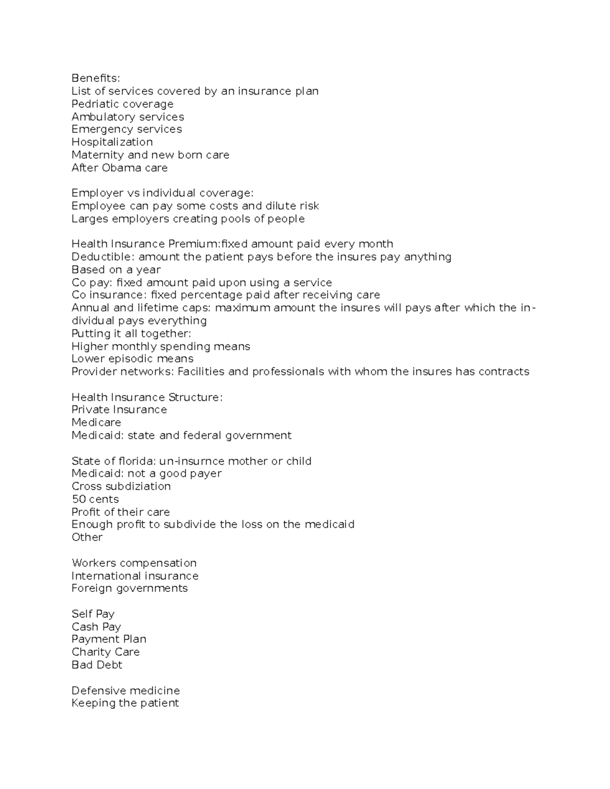 Health Care Marketing Class Notes - Benefits: List of services covered ...