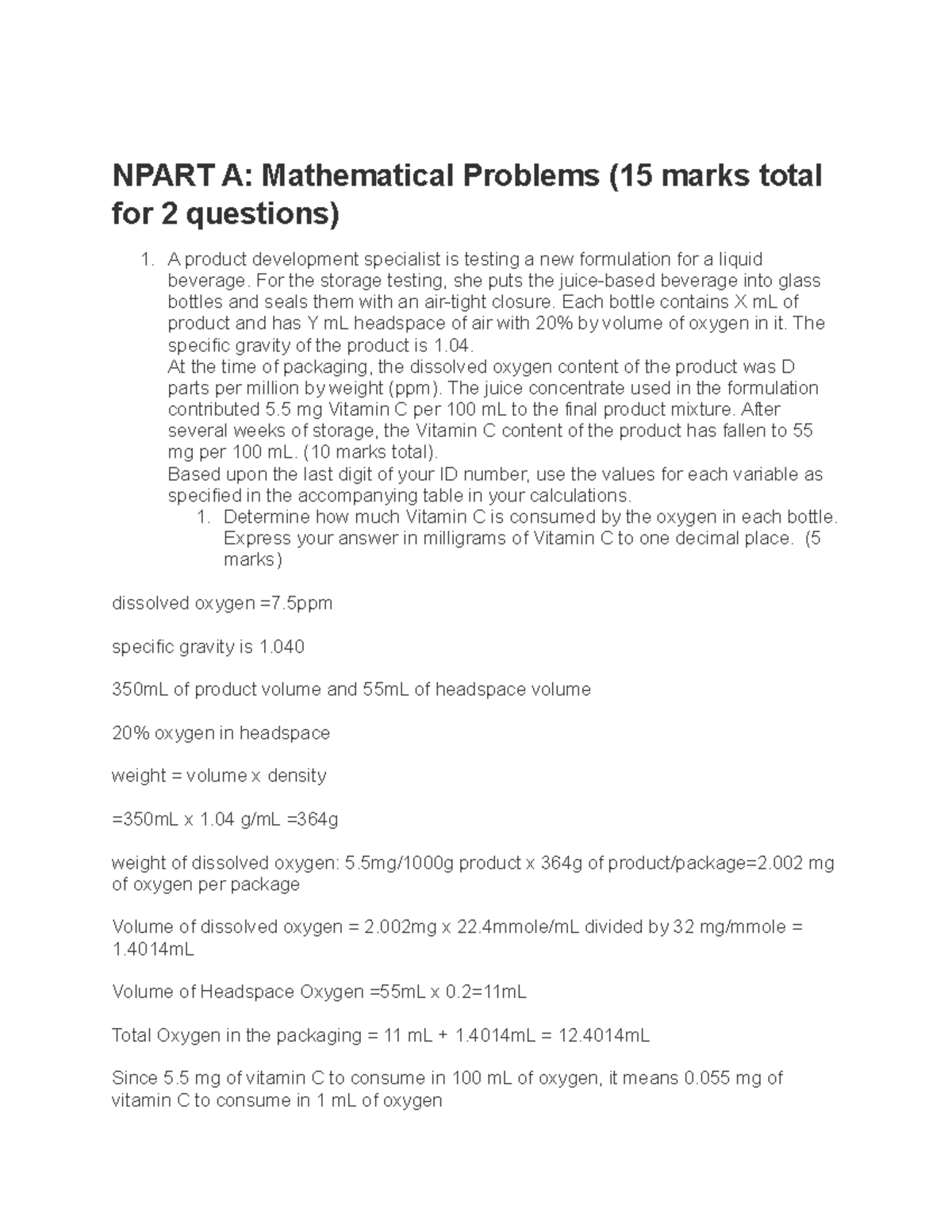 Food Science Assignment - NPART A: Mathematical Problems (15 marks ...