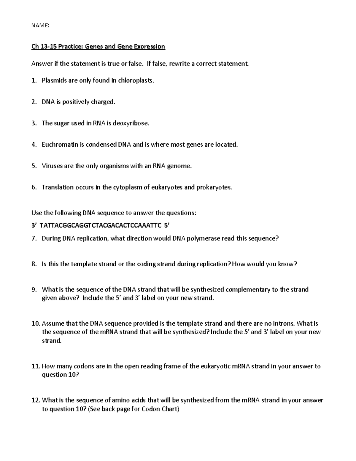 Ch 13-15 Review - NAME: Ch 13-15 Practice: Genes and Gene Expression ...