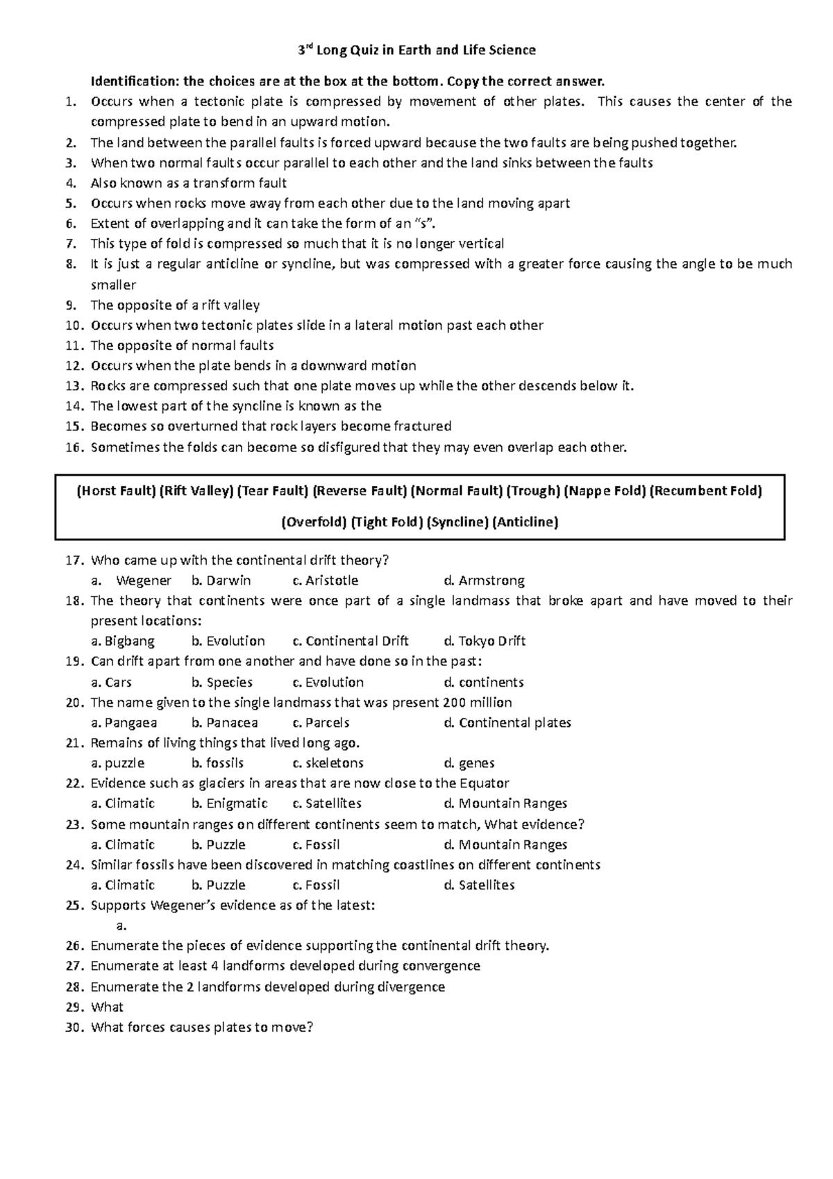 3rd long quiz in Earth and Life Science 3 rd Long Quiz in Earth and Life Science